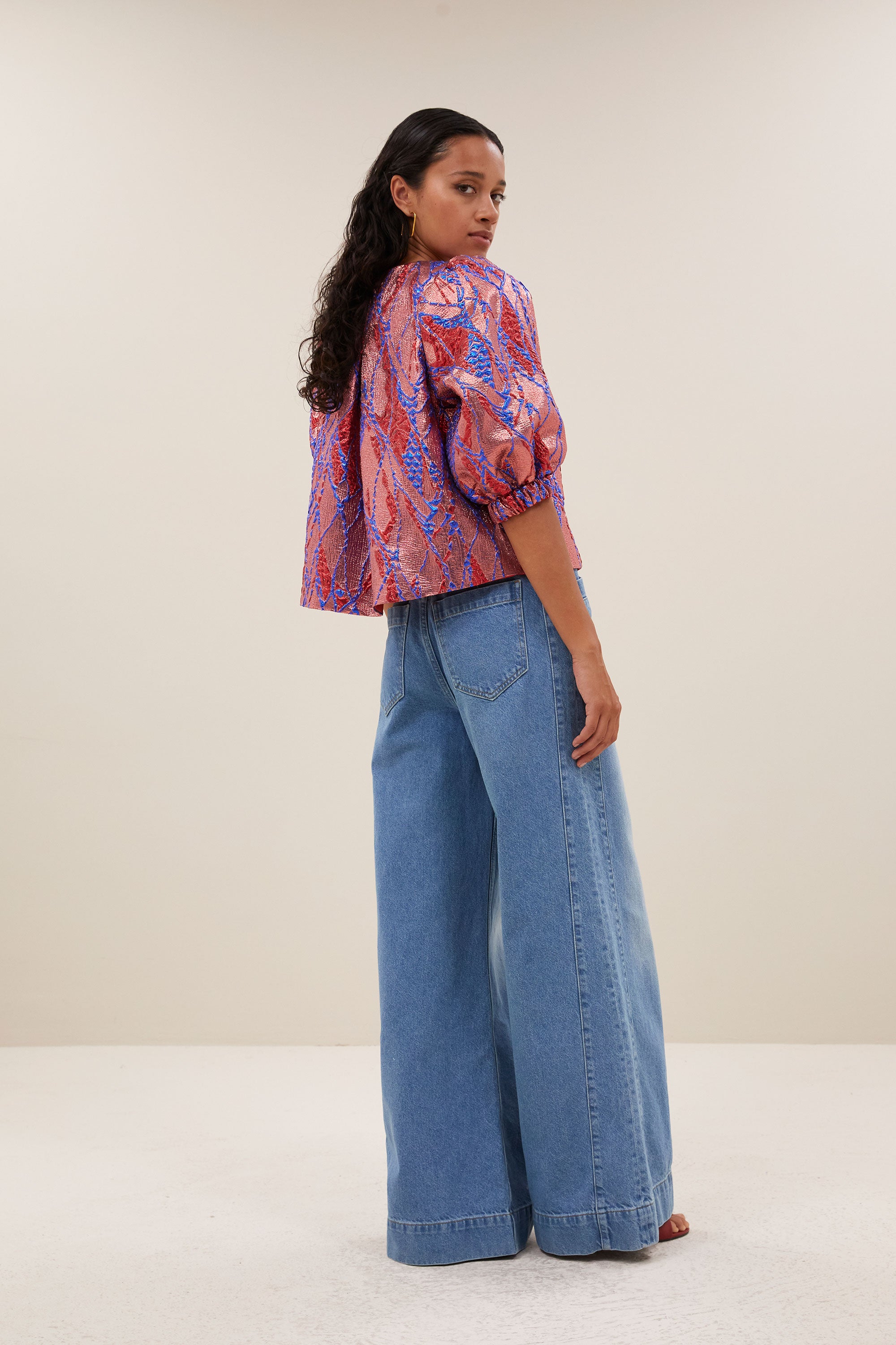 mauri jacquard blouse - coral, short fit, hidden hook-and-eye closure, puffed sleeves - by-bar - back view