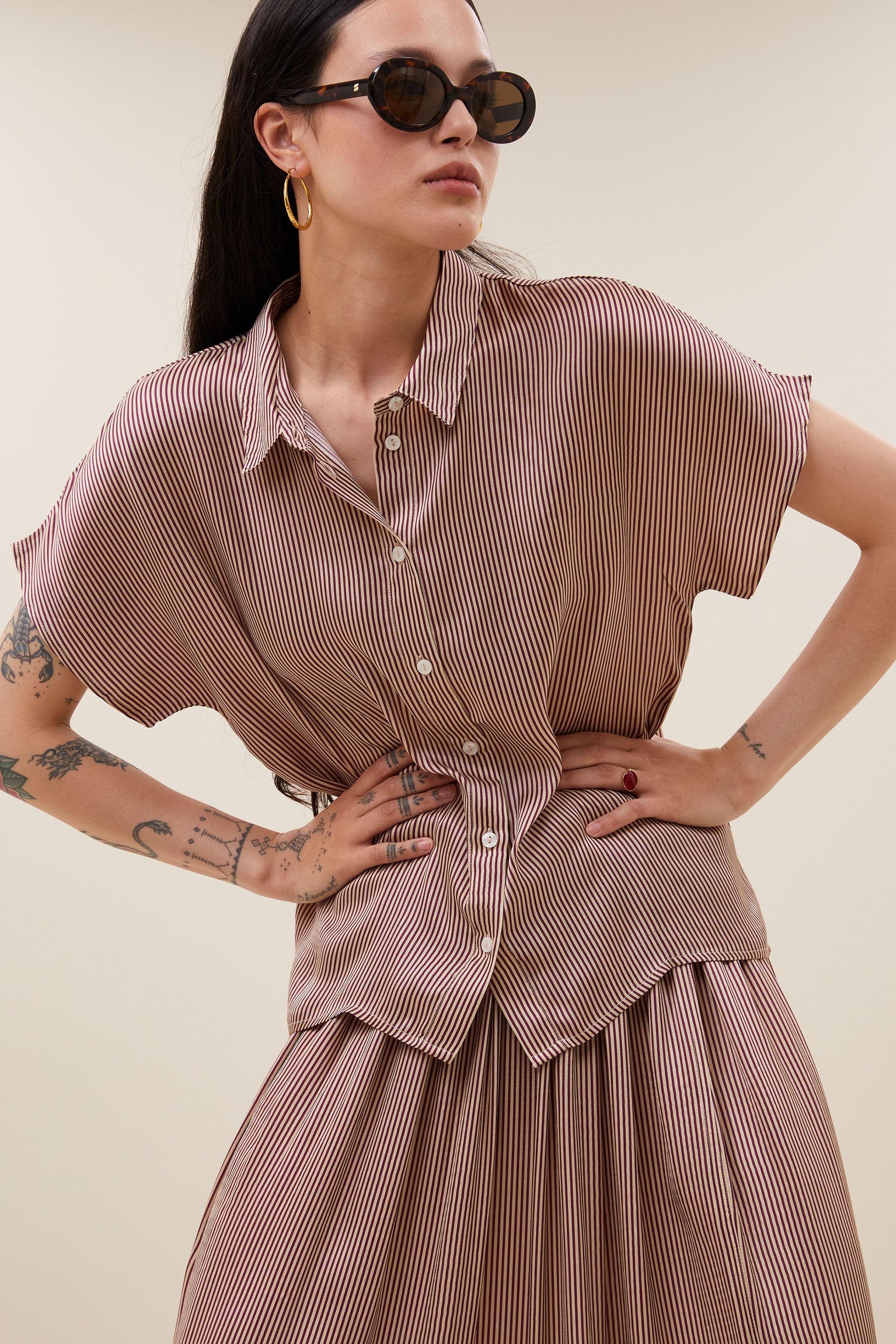 karly viscose stripe blouse | wine stripe