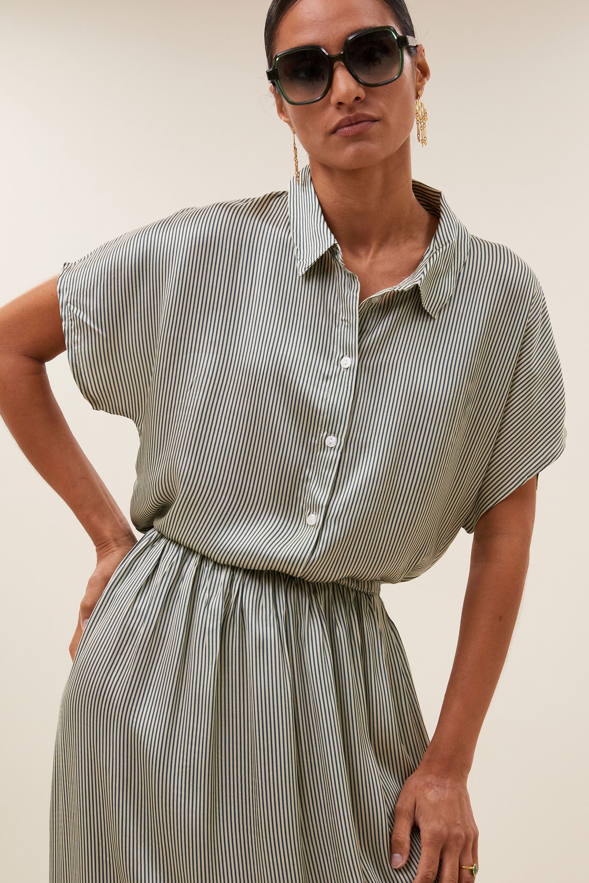 karly viscose stripe blouse | green stripe