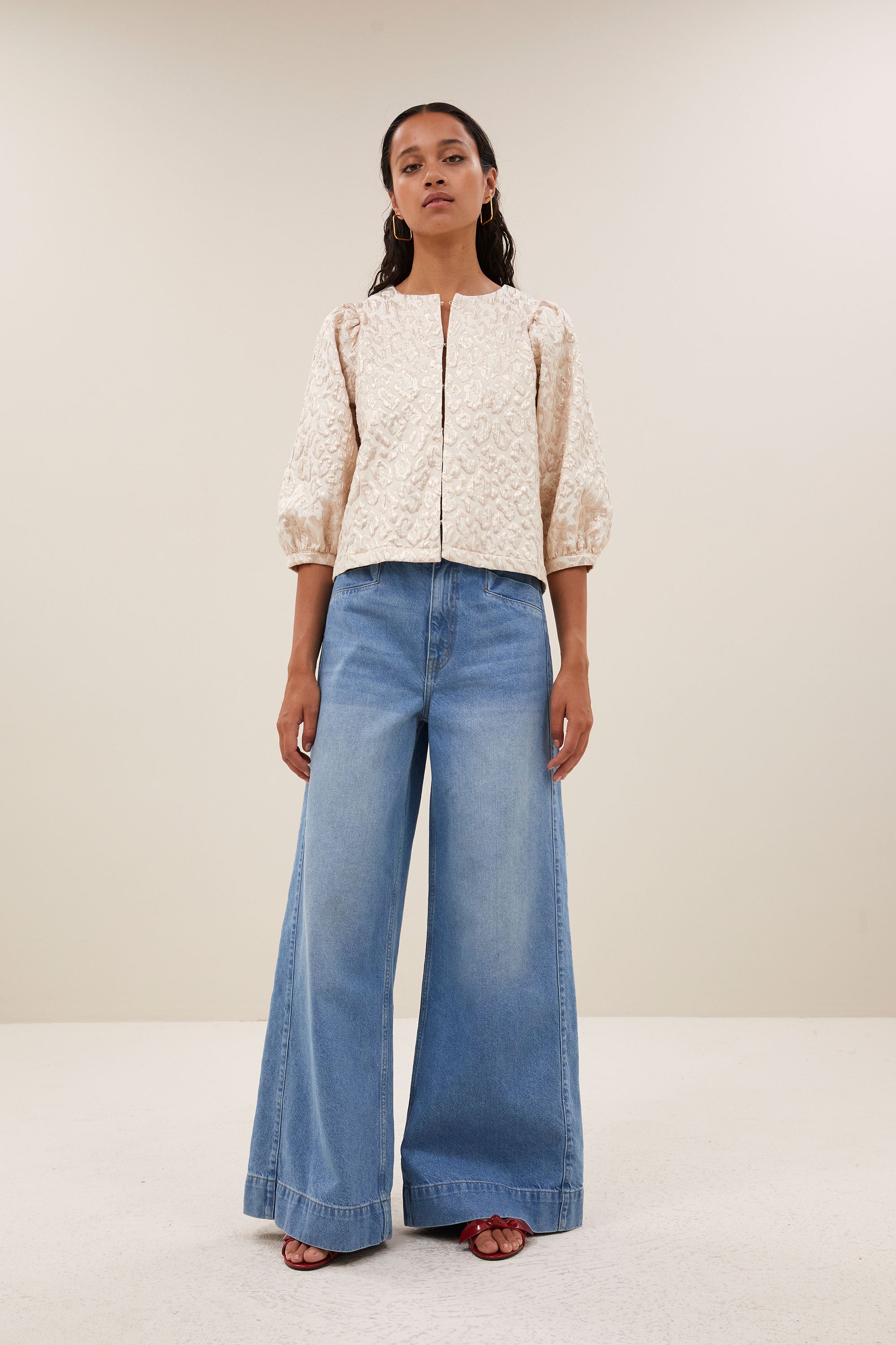 mauri sparkle cheetah blouse - champagne ,short fit, hidden hook-and-eye closure, subtly woven lurex thread - by-bar - front view