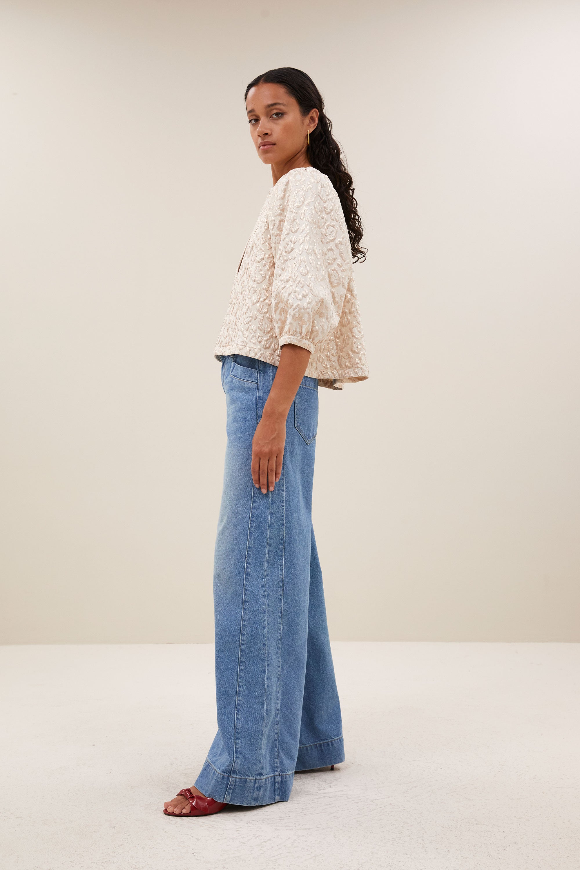 mauri sparkle cheetah blouse - champagne ,short fit, hidden hook-and-eye closure, subtly woven lurex thread - by-bar - side view