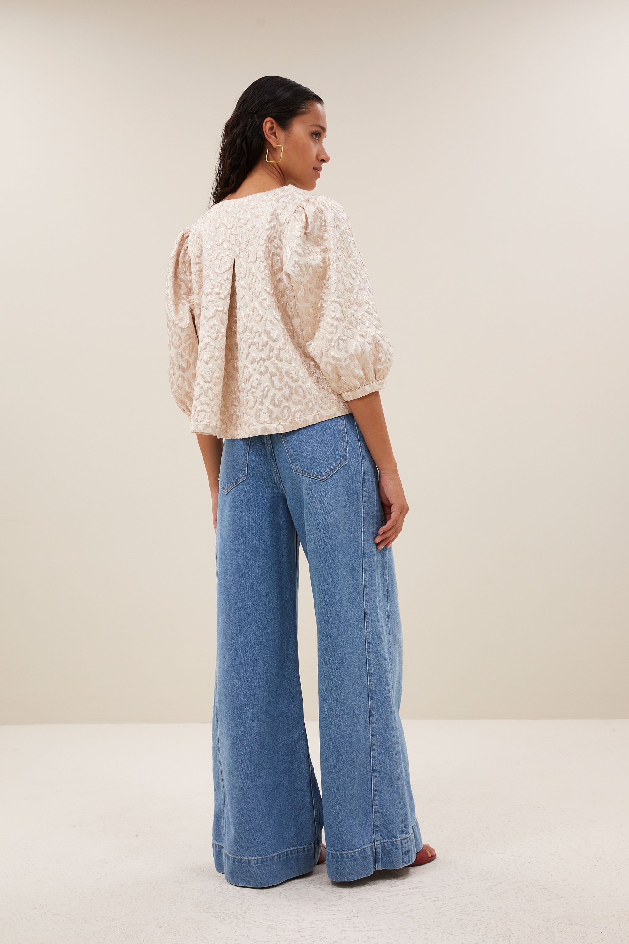 mauri sparkle cheetah blouse - champagne ,short fit, hidden hook-and-eye closure, subtly woven lurex thread - by-bar - back view