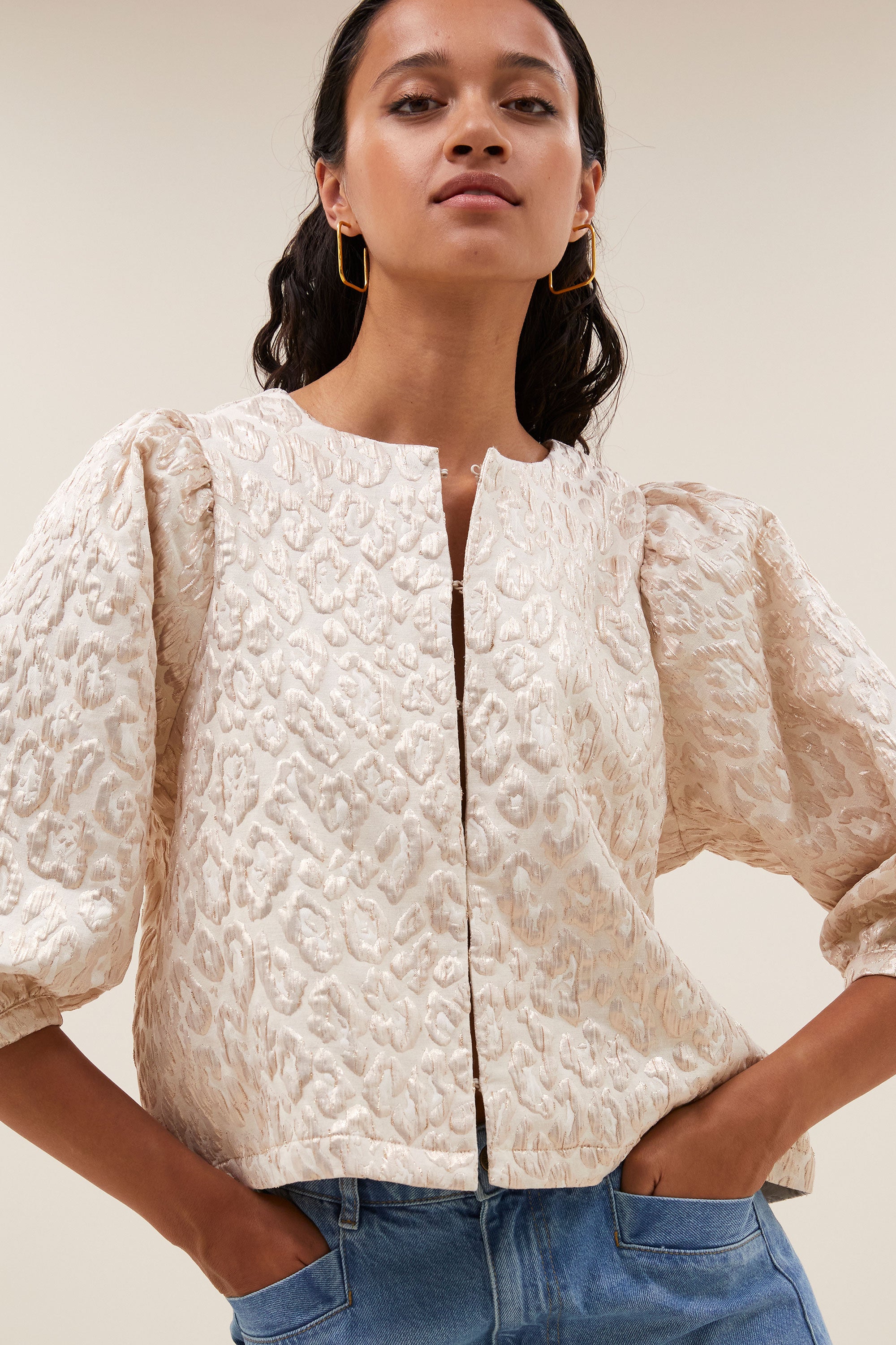 mauri sparkle cheetah blouse - champagne ,short fit, hidden hook-and-eye closure, subtly woven lurex thread - by-bar - close-up