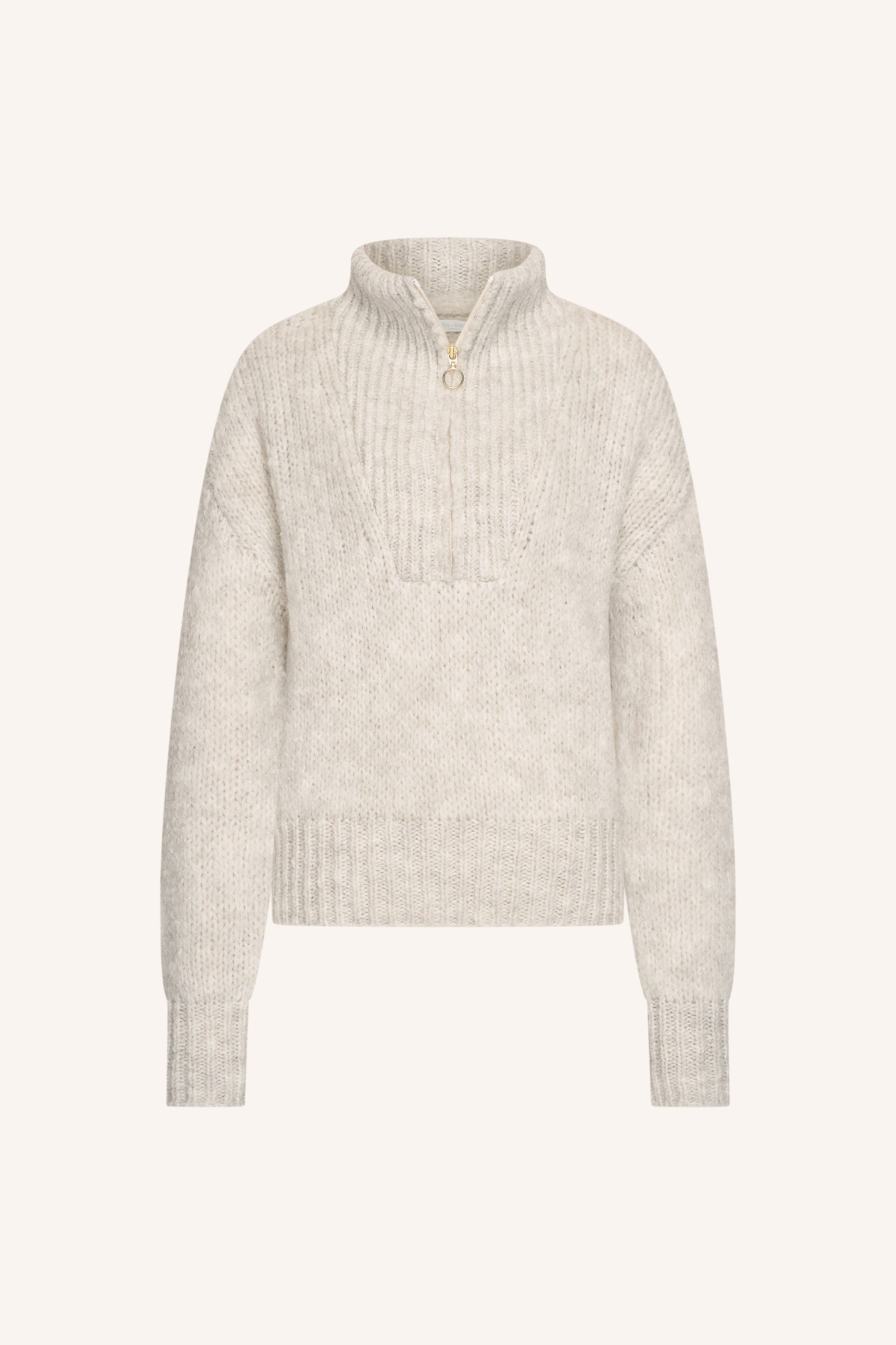 boxy beau pullover - stone grey, comfy fit, stand-up collar, zipper - by-bar - product photo