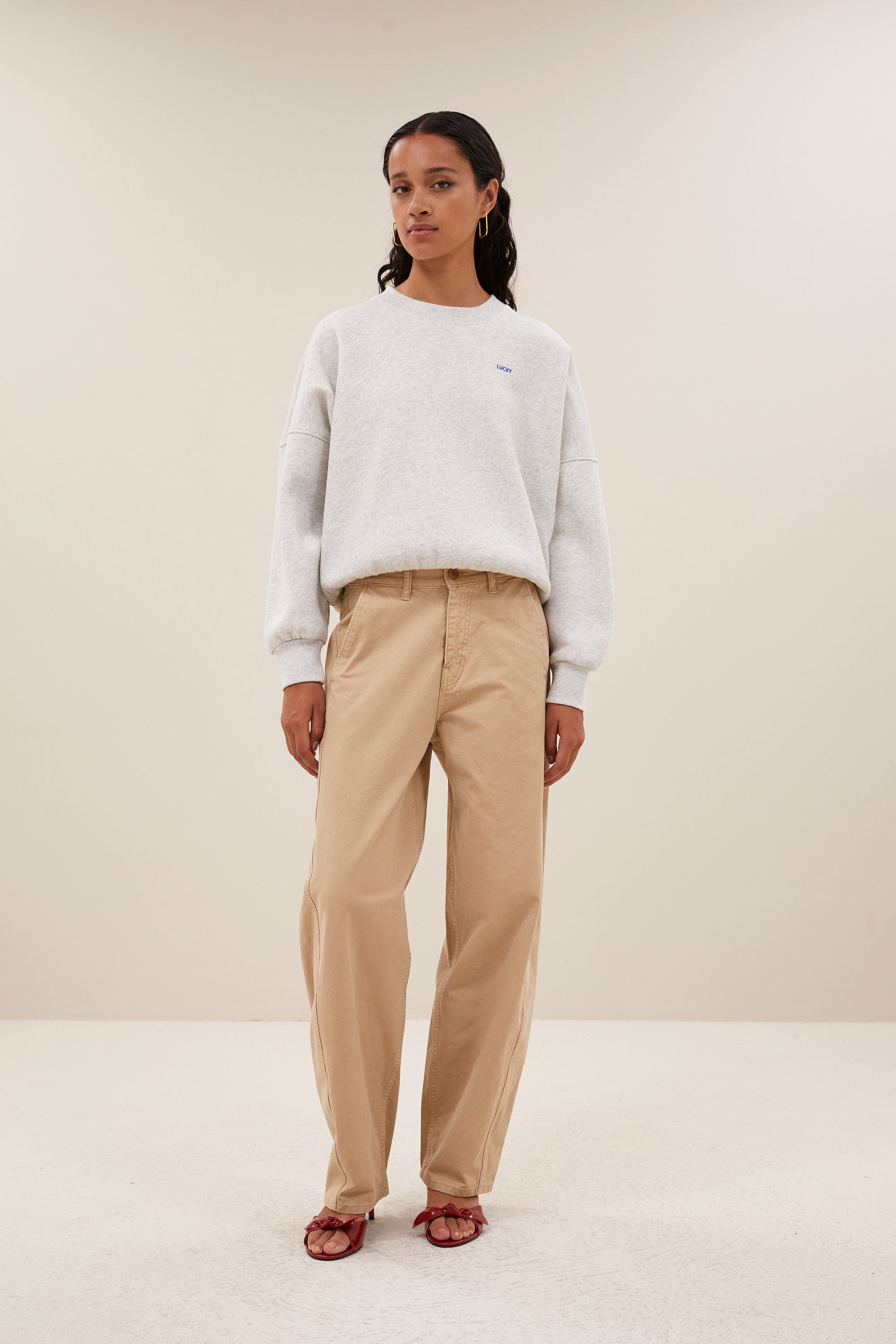 malyn grey sweater - light grey melee, comfy fit, dropped shoulder seams, elastic band - by-bar - front view