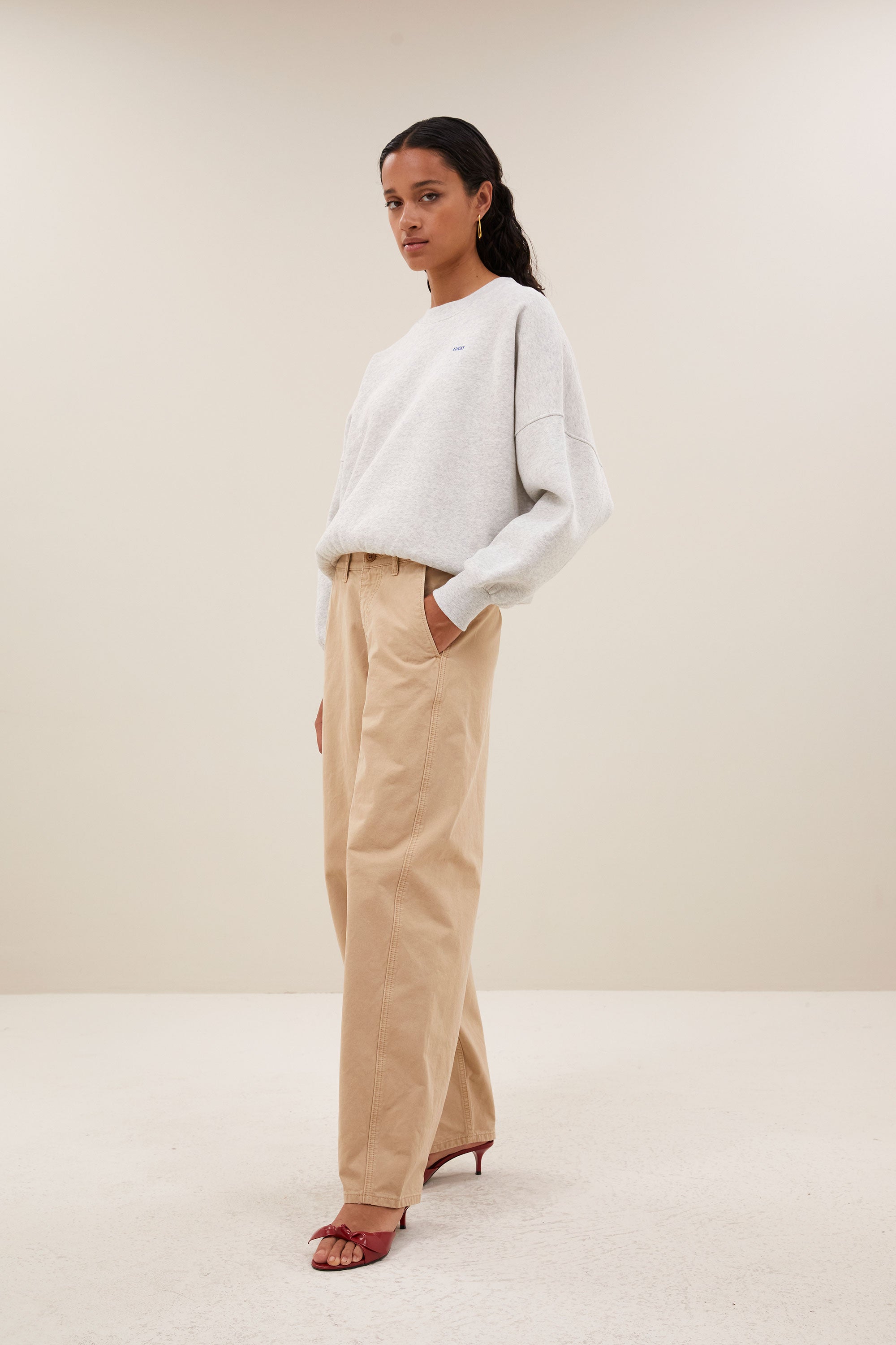 malyn grey sweater - light grey melee, comfy fit, dropped shoulder seams, elastic band - by-bar - side view