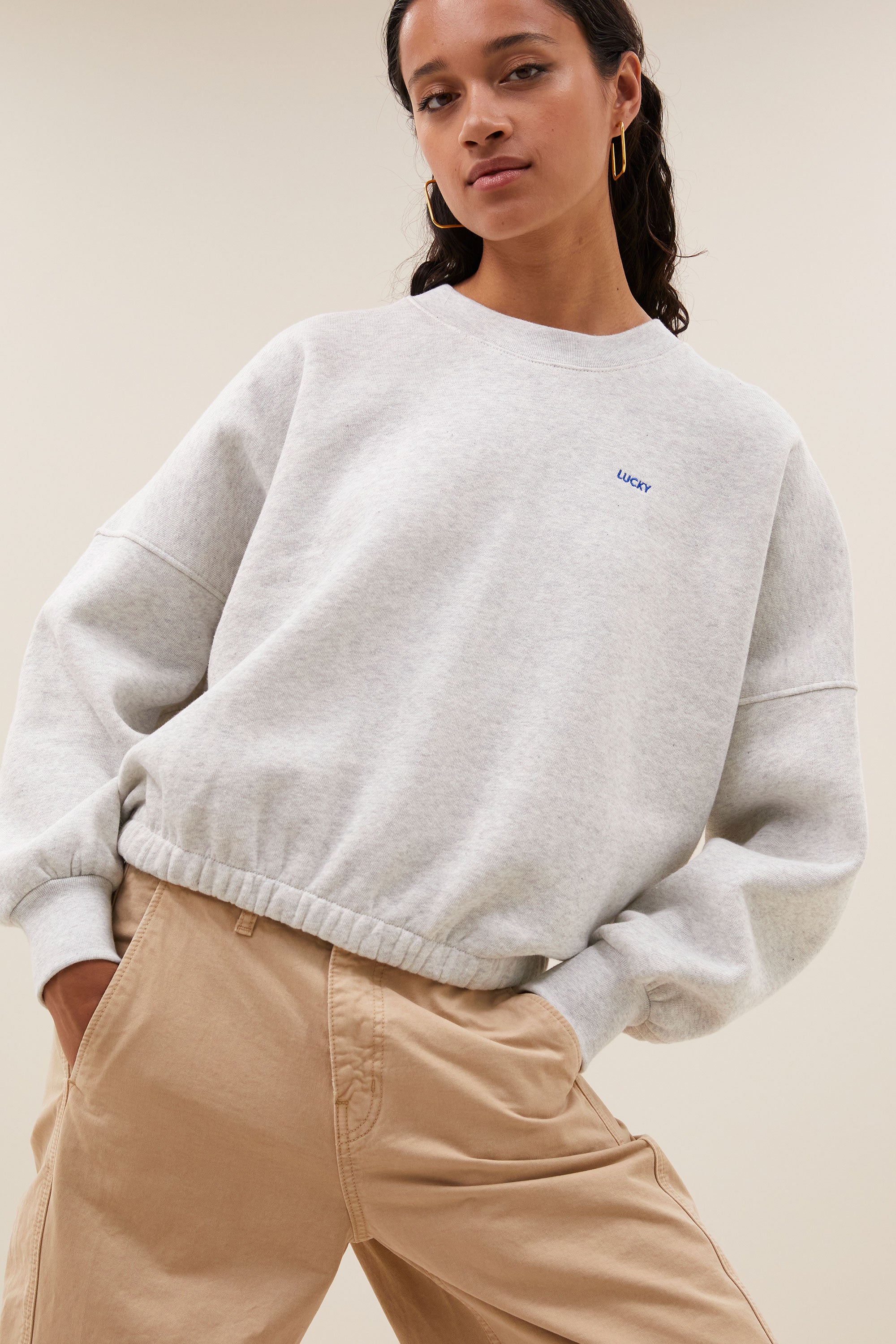 malyn grey sweater - light grey melee, comfy fit, dropped shoulder seams, elastic band - by-bar - close-up