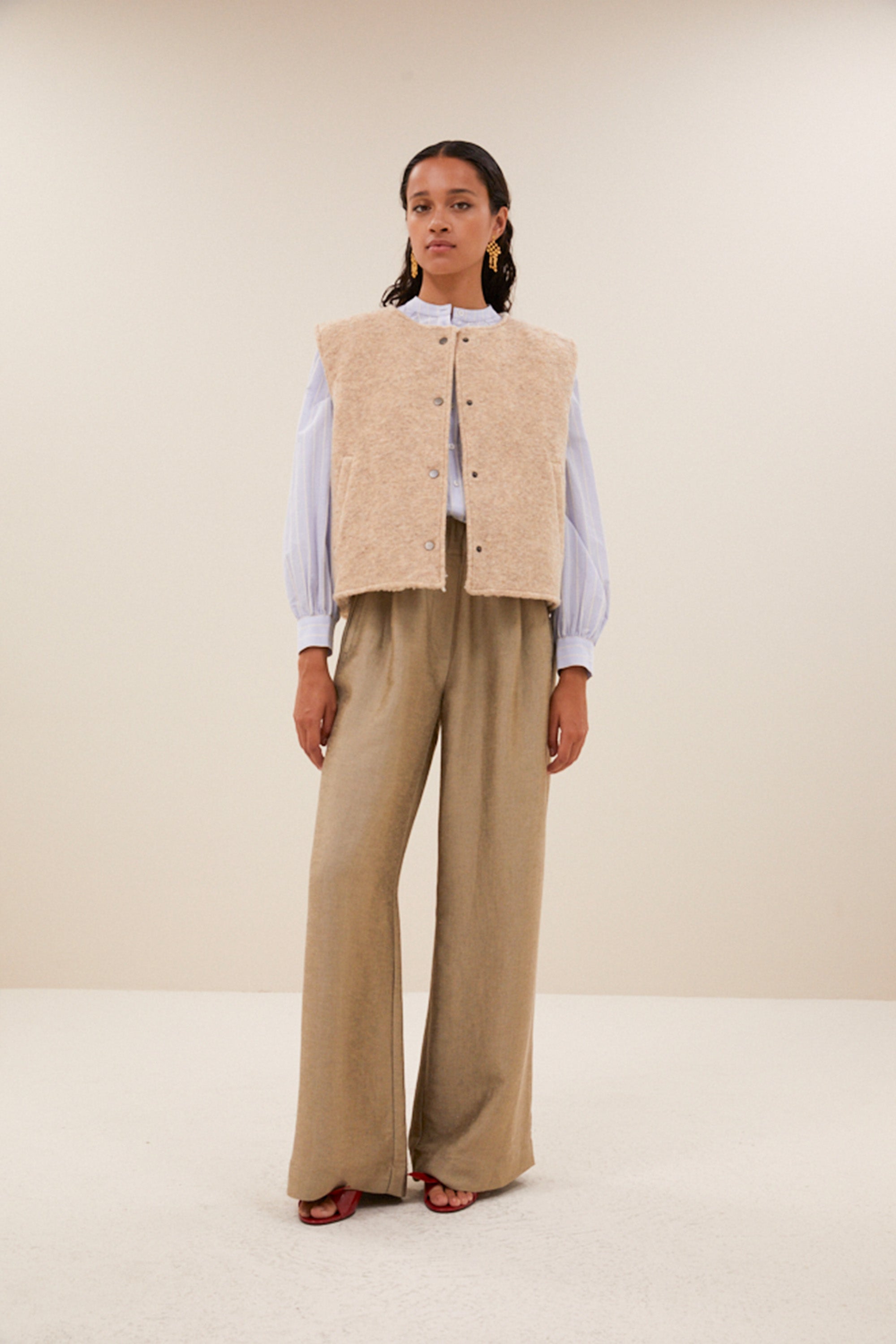 joelle wool jacket - sand melange, comfy fit, hidden side pockets, reversible - by-bar - front view