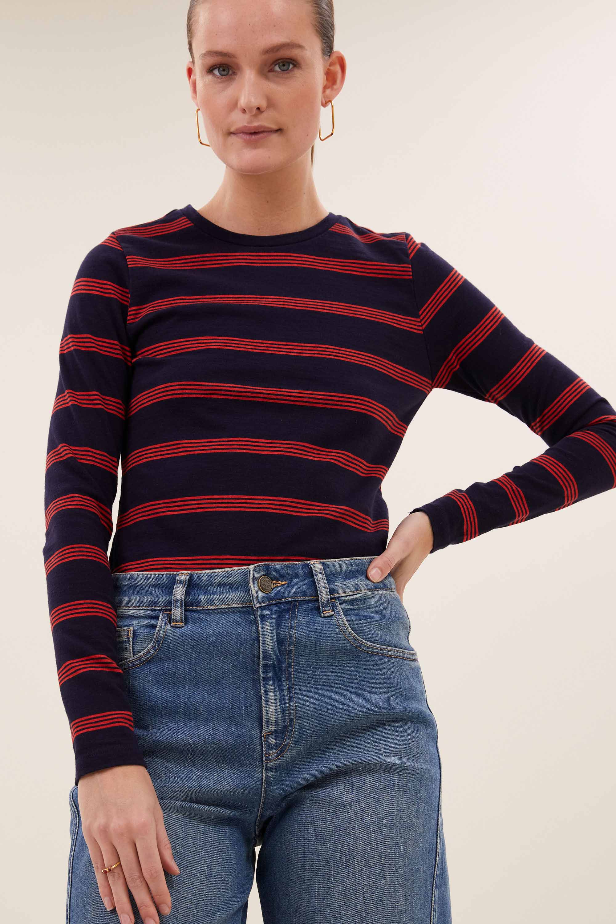 mali-ls-stripe-top-poppy-multi-stripe-all-time classic-aansluitende fit-katoen kwaliteit-by-bar-detail