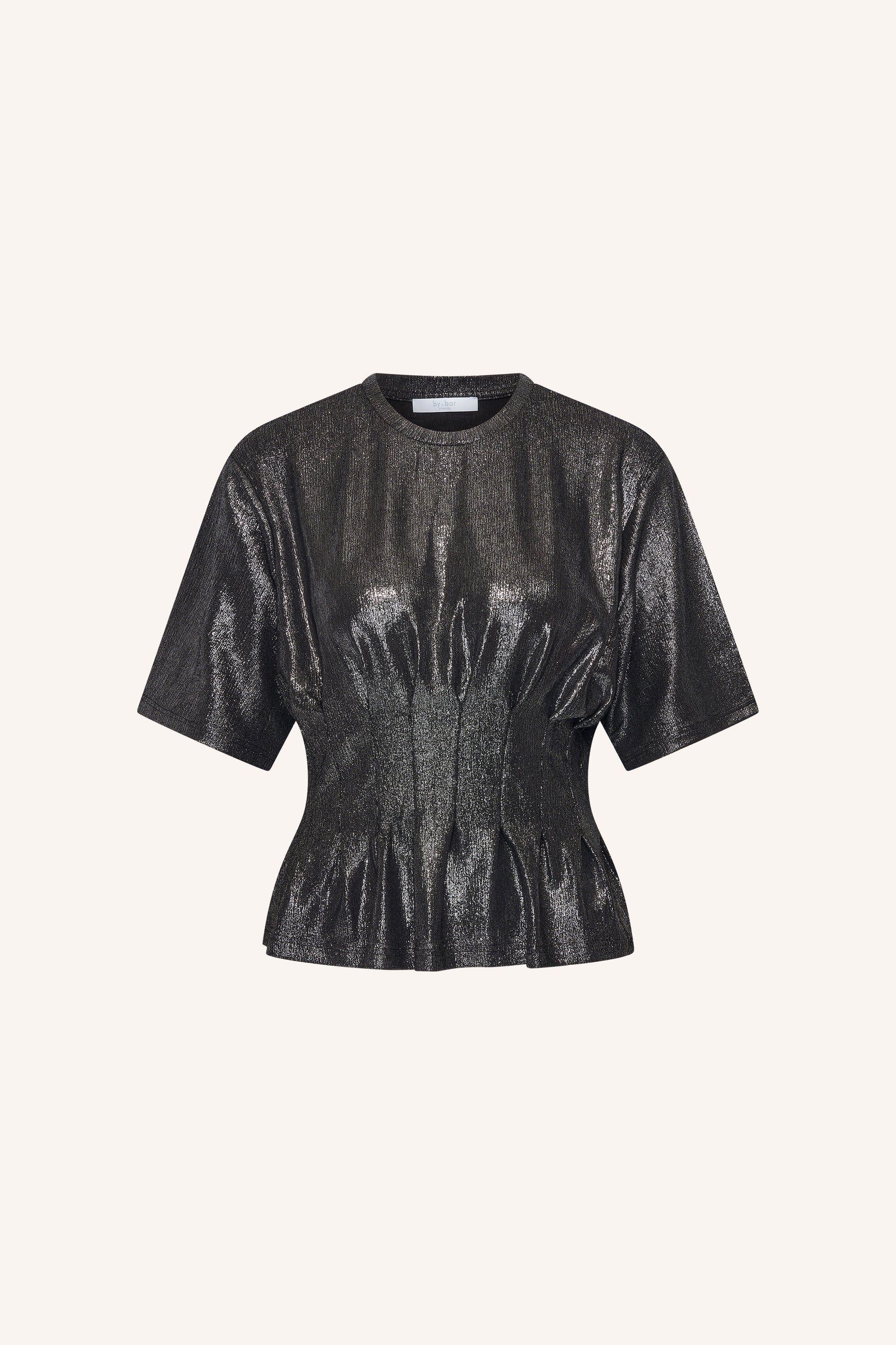 diva-metallic-top-metallic-silver-aansluitende fit-elastisch smok detail-ronde halslijn-by-bar-productfoto