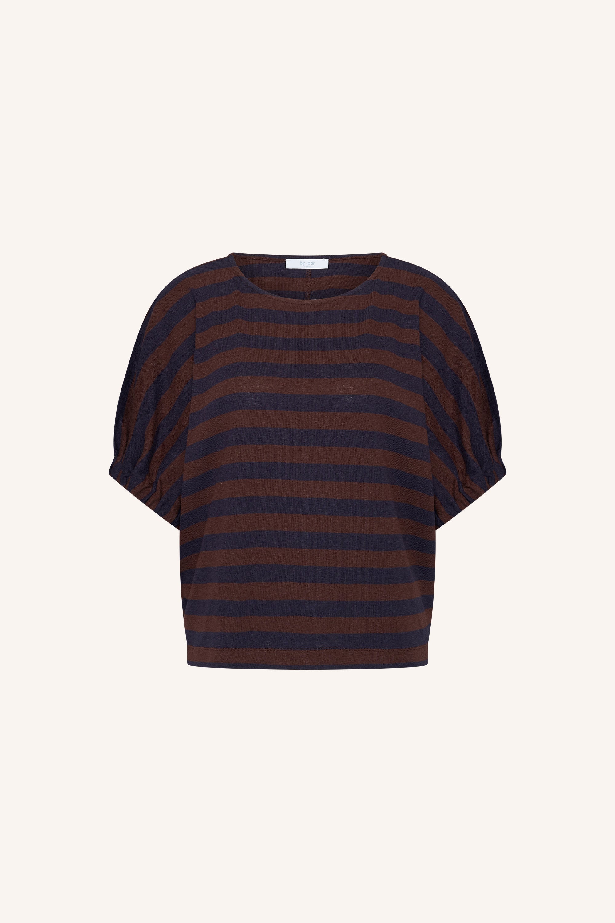 merle-big-stripe-top-coffee-bean-vleermuis mouw-losvallende pasvorm-biologisch katoen-by-bar-productfoto