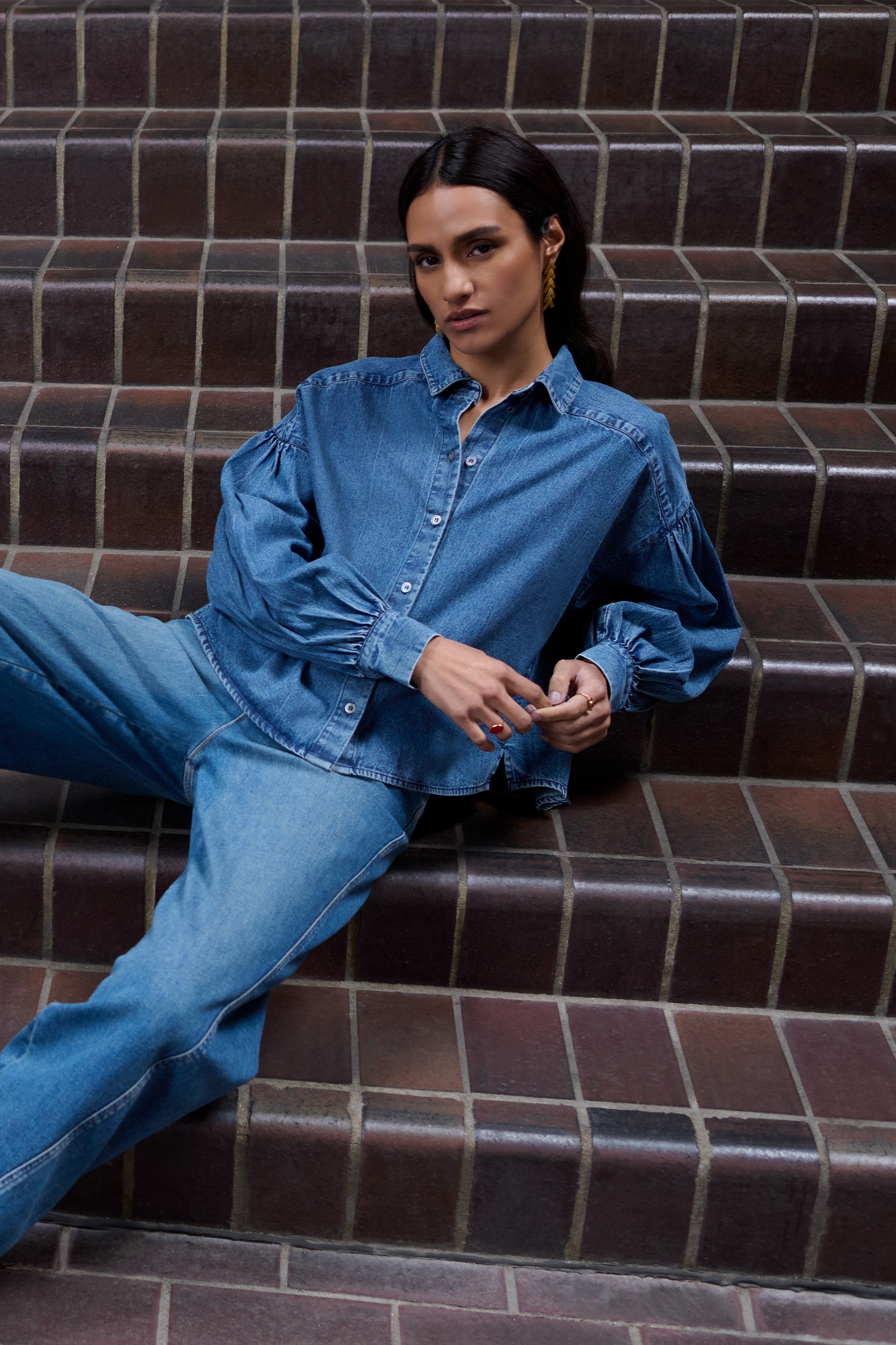 sarah short denim blouse | medium denim