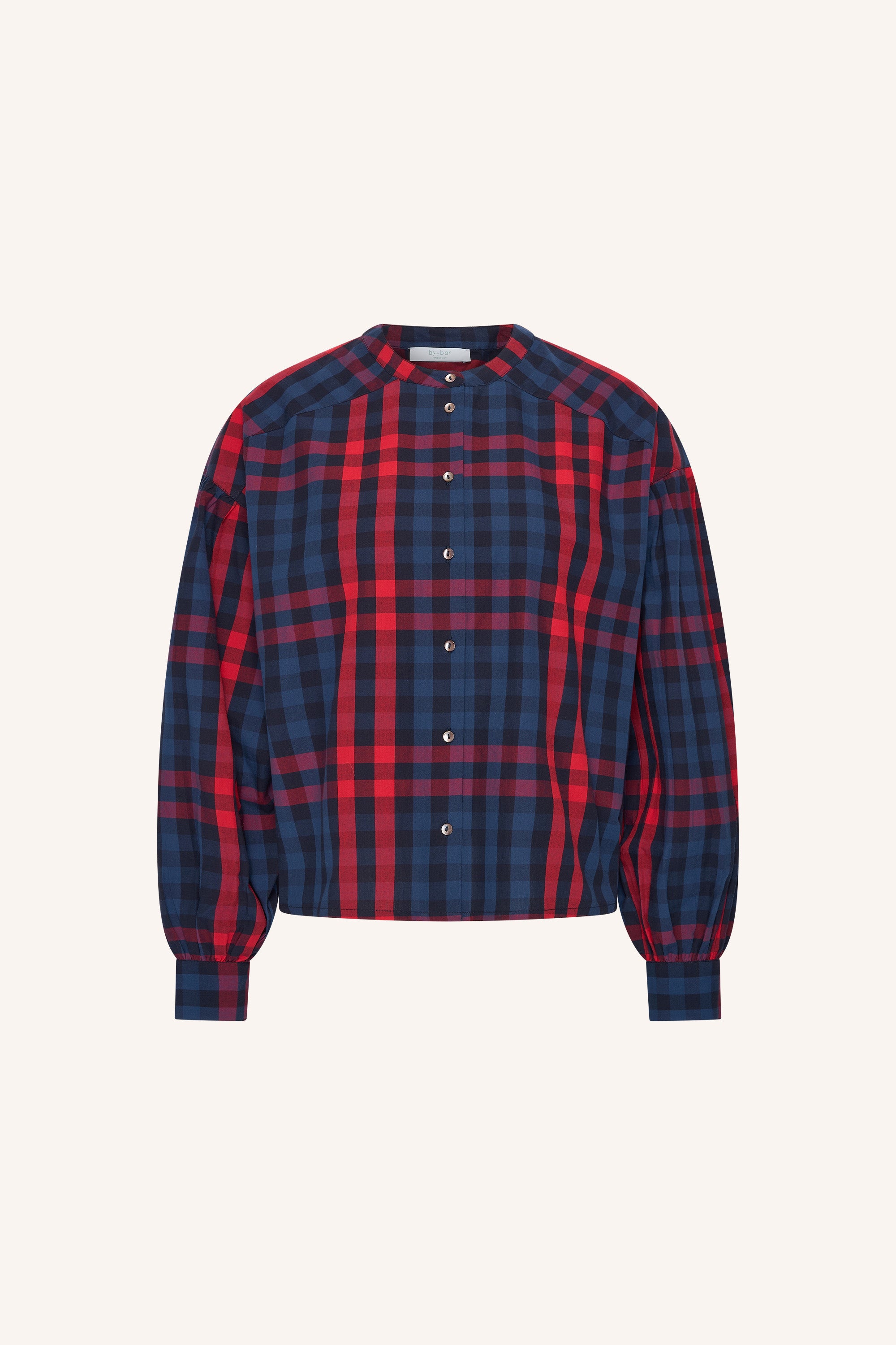 ella-red-check-blouse-royal-red-check-knoopsluiting-biologisch katoen-ronde halslijn-by-bar-productfoto
