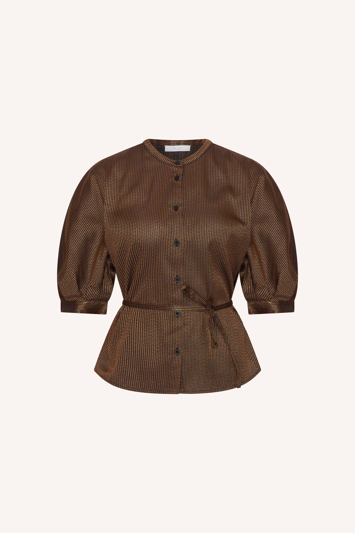phoebe-festive-blouse-gold-met strikceintuur-volumnieuze mouwen-knoopsluiting-by-bar-productfoto