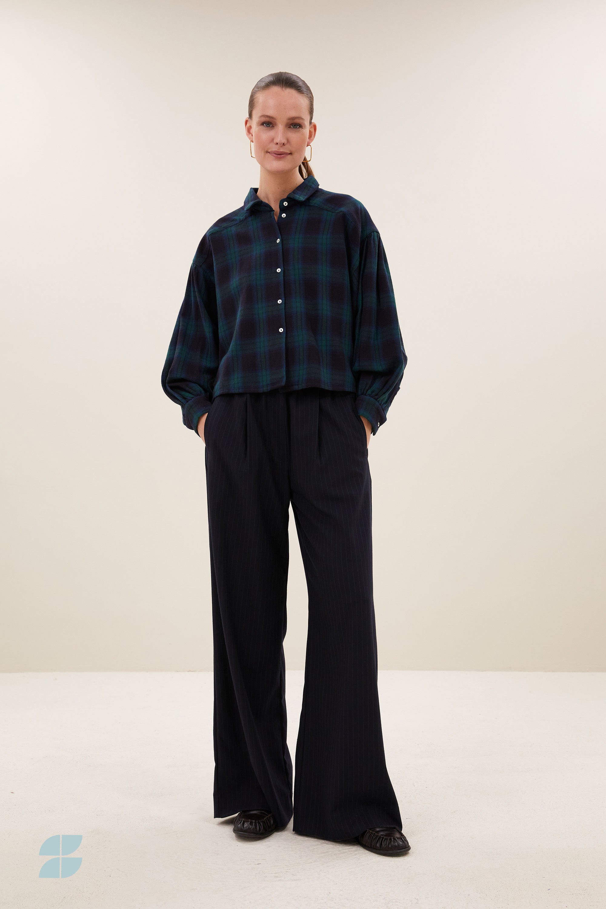 sarah short green check blouse | green tartan check