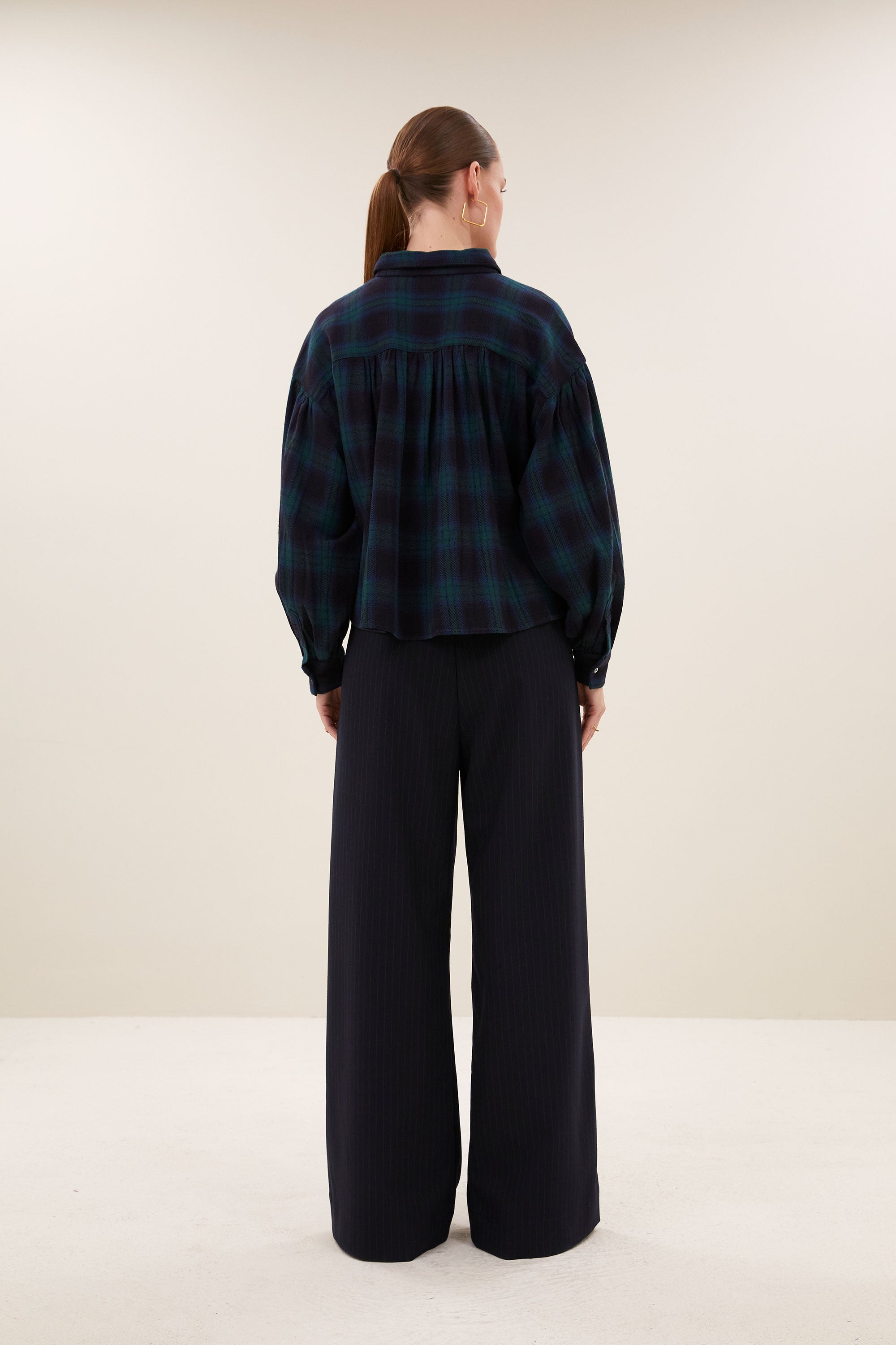 sarah short green check blouse | green tartan check
