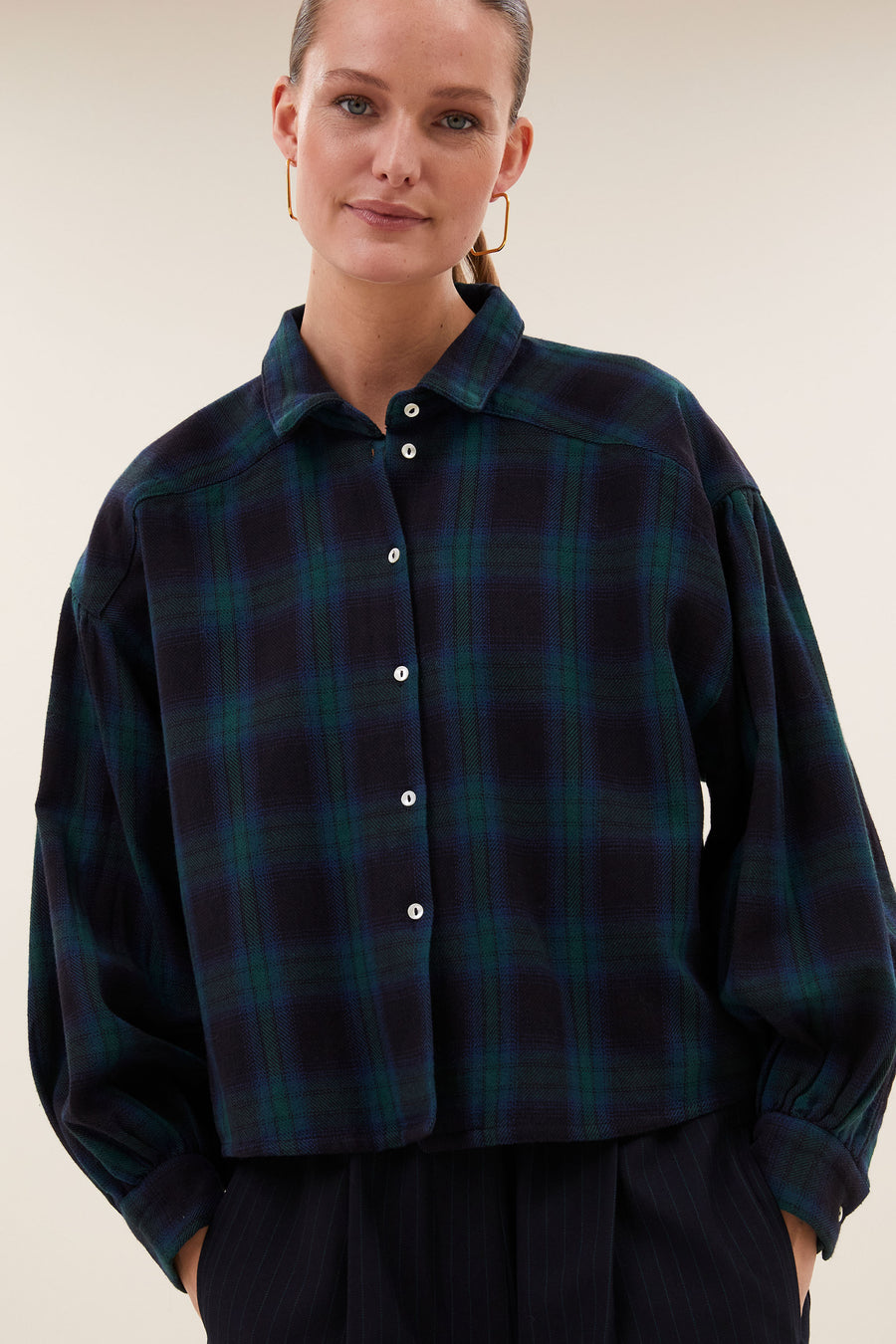 sarah short green check blouse | green tartan check