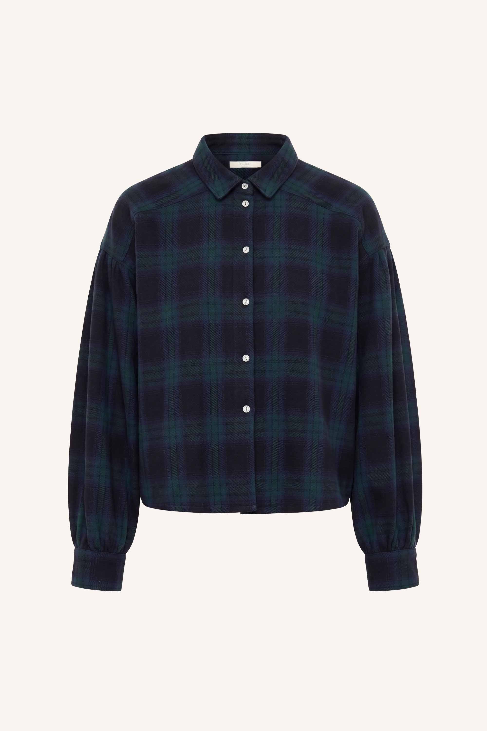 sarah short green check blouse | green tartan check