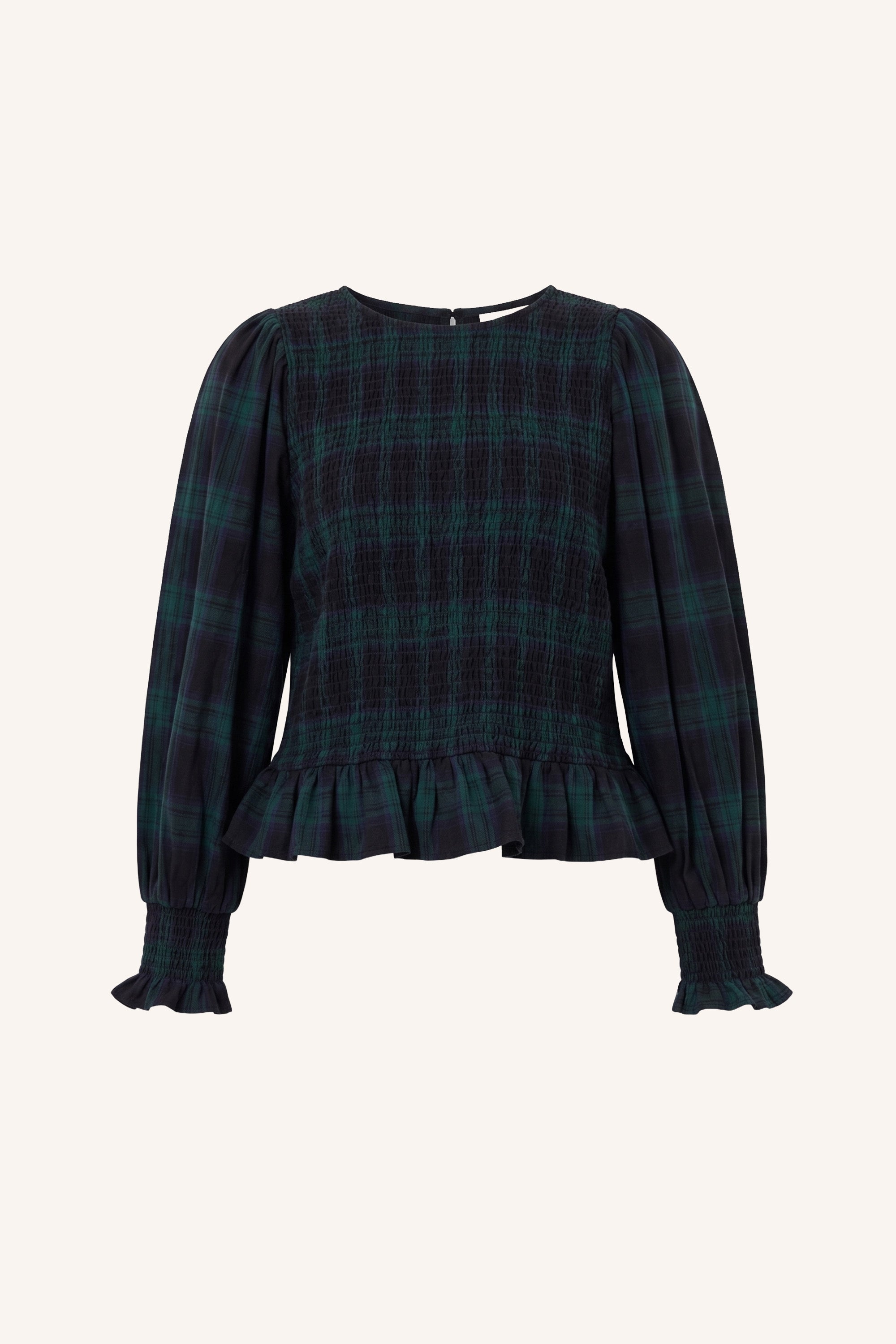 yena-green-check-blouse-green-tartan-check-knoopsluiting-elastisch smok detail-ronde halslijn-by-bar-productfoto