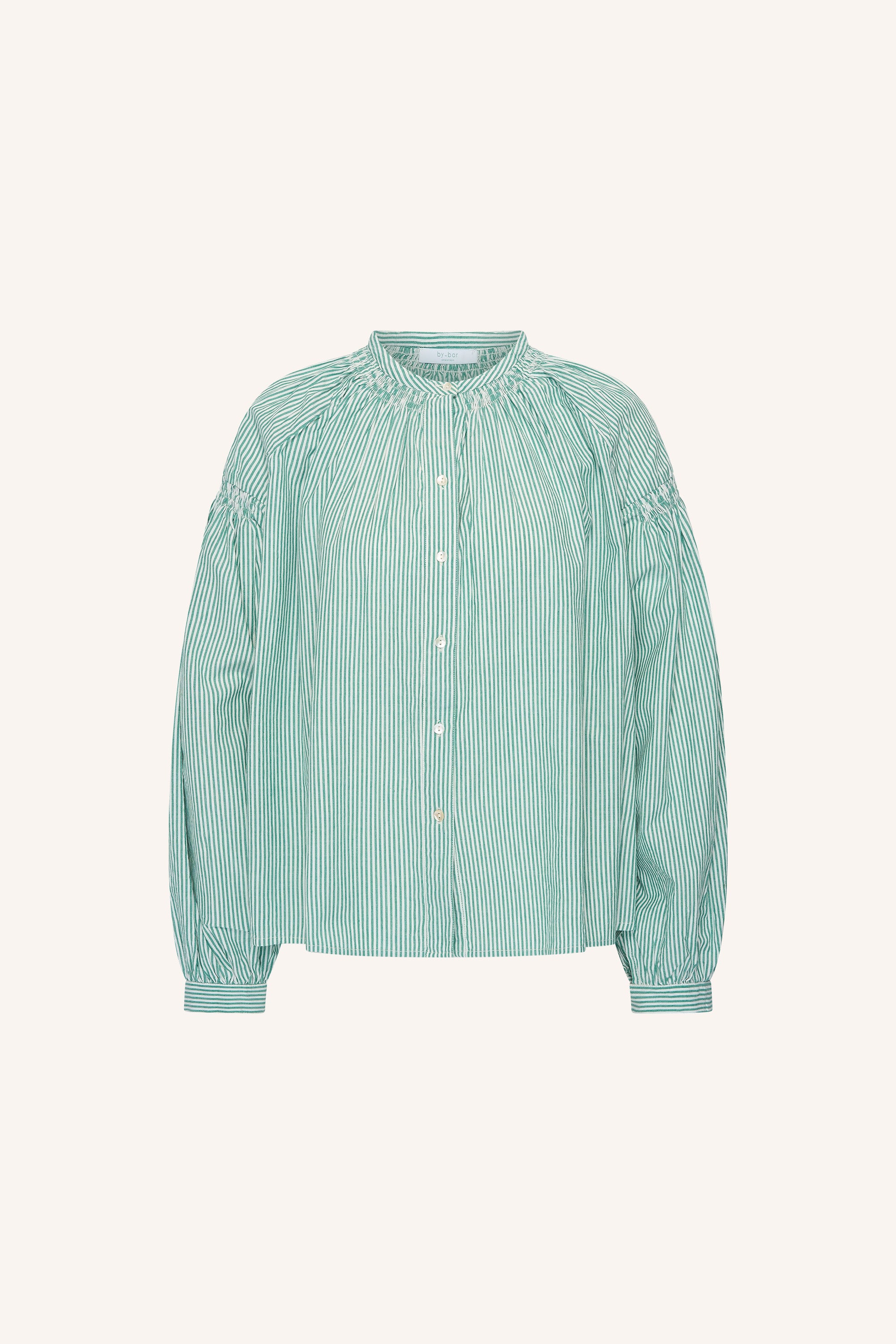 yume-stripe-blouse-forest-pinstripe-knoopsluiting-elastieken band-ronde halslijn-by-bar-productfoto