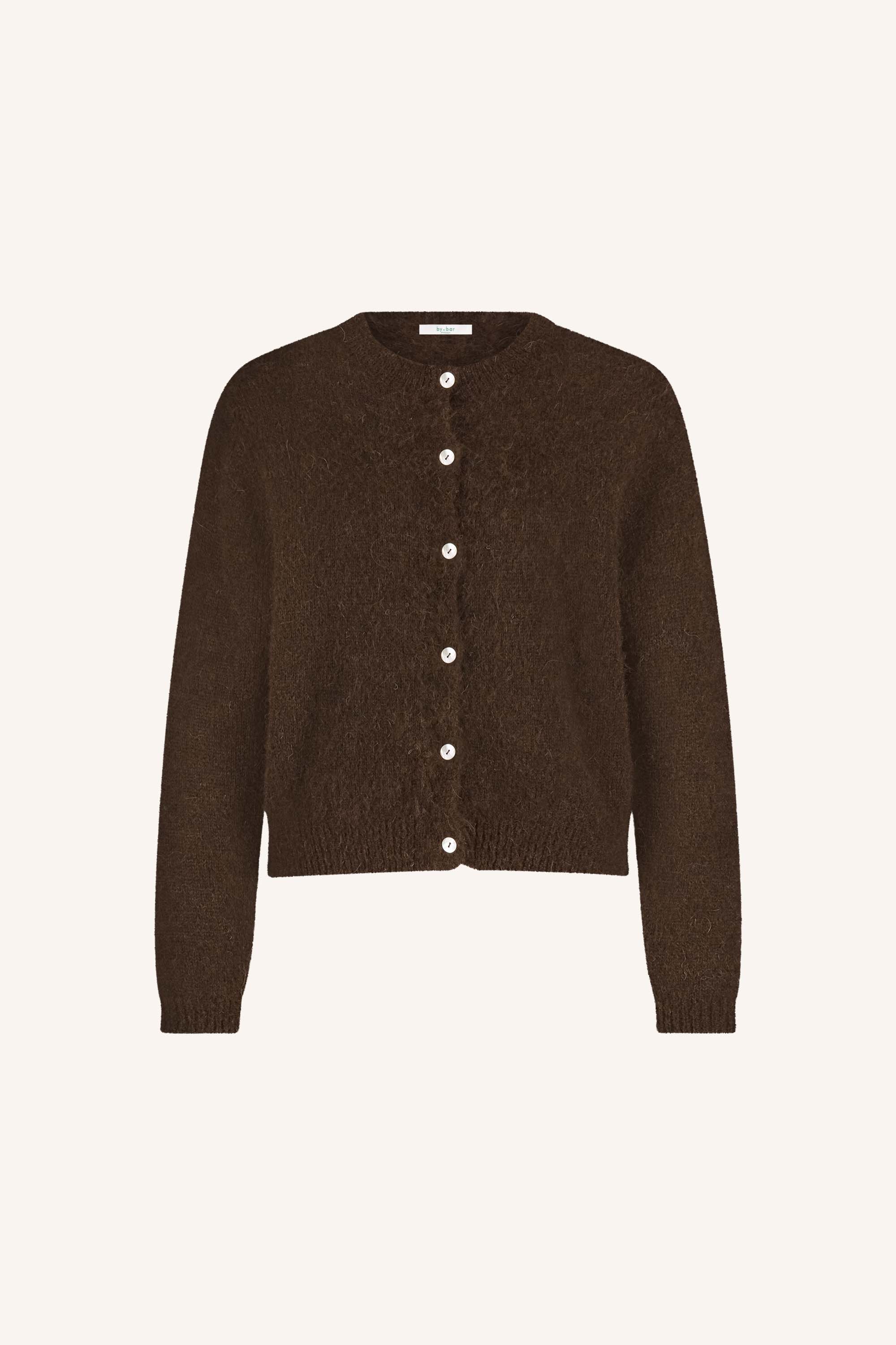 cleo-cardigan-deep-brown-all-time classic-knoopsluiting-ronde halslijn-by-bar-productfoto