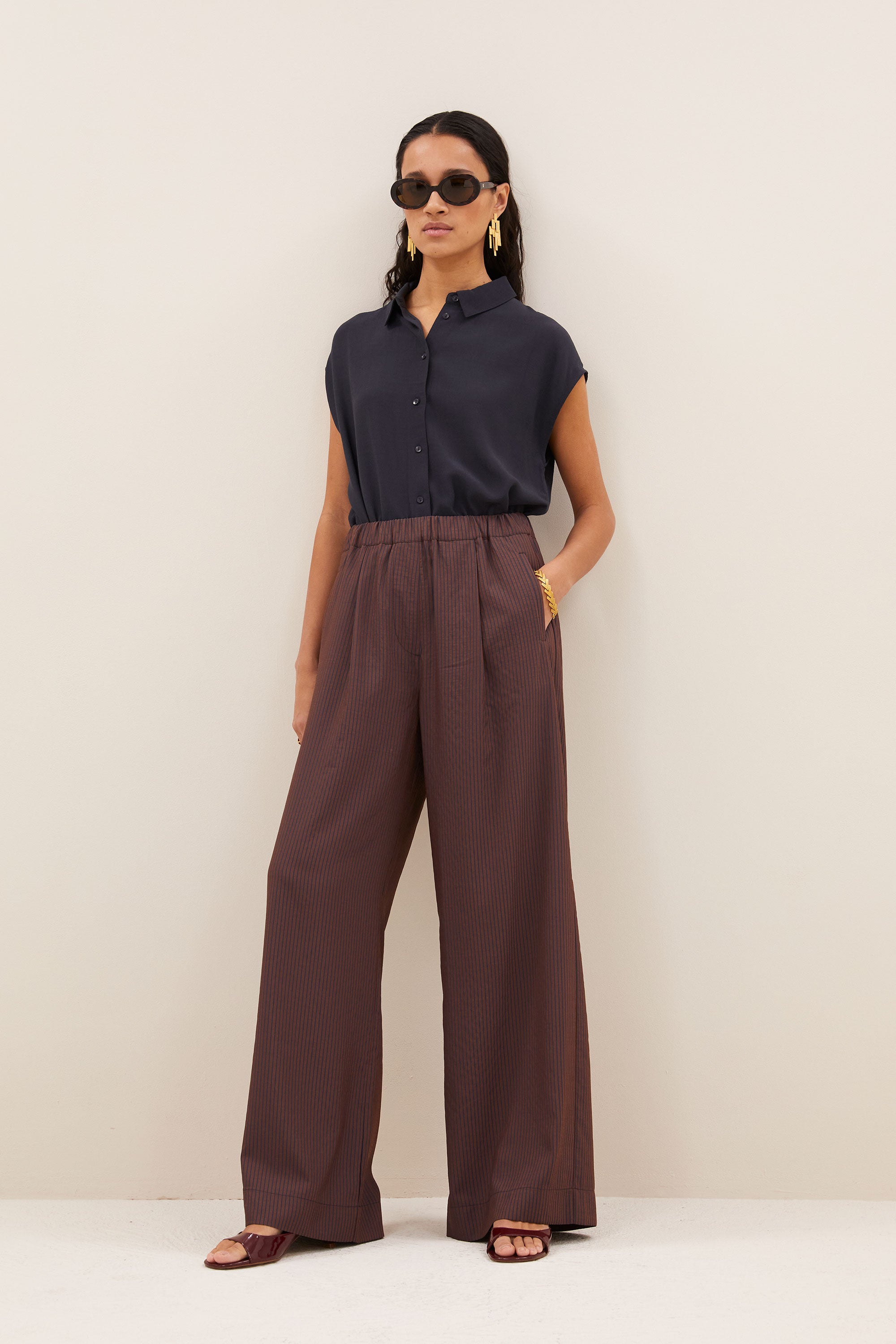 celin tan stripe pants | tanning stripe