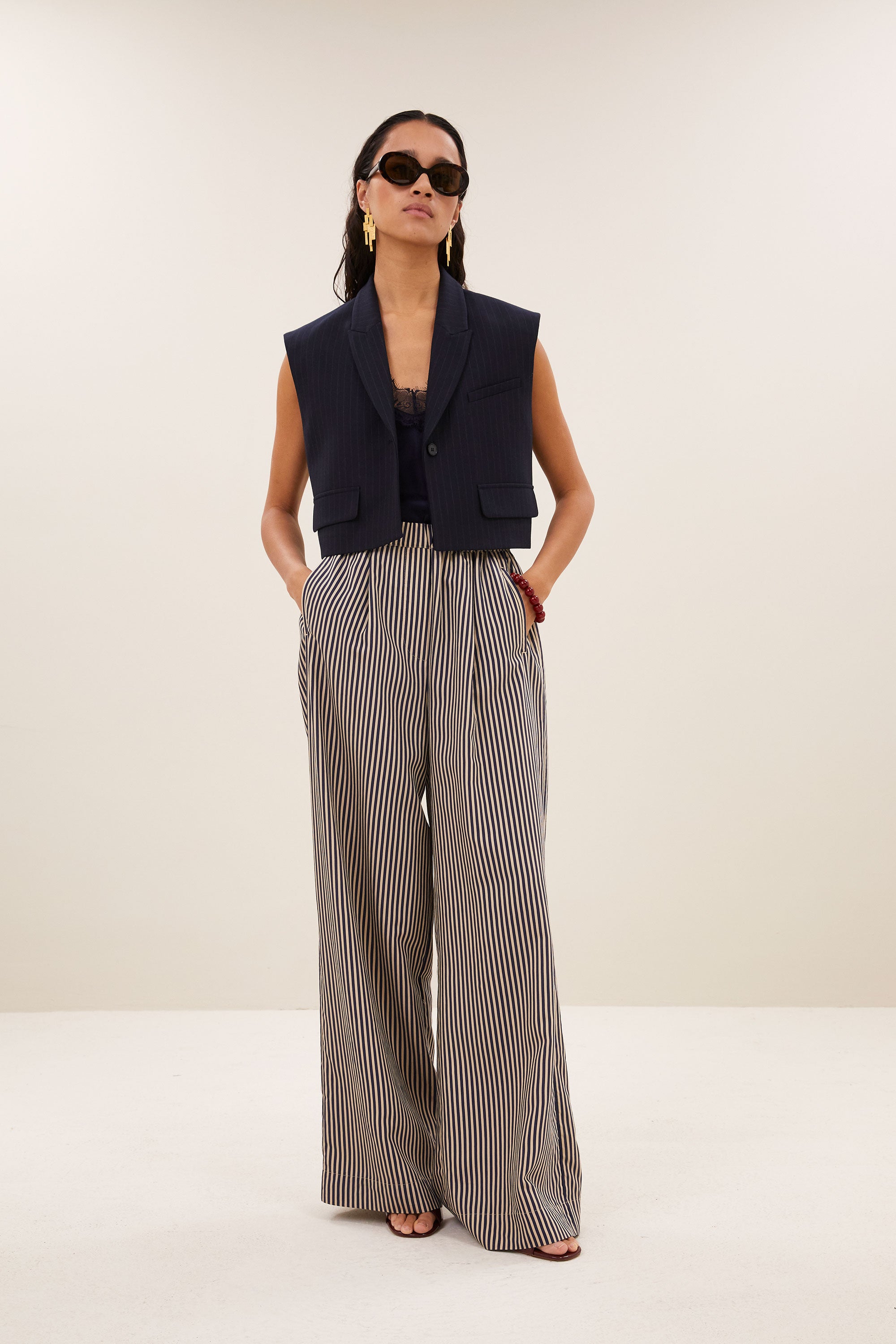 bobi pinstripe gilet | midnight