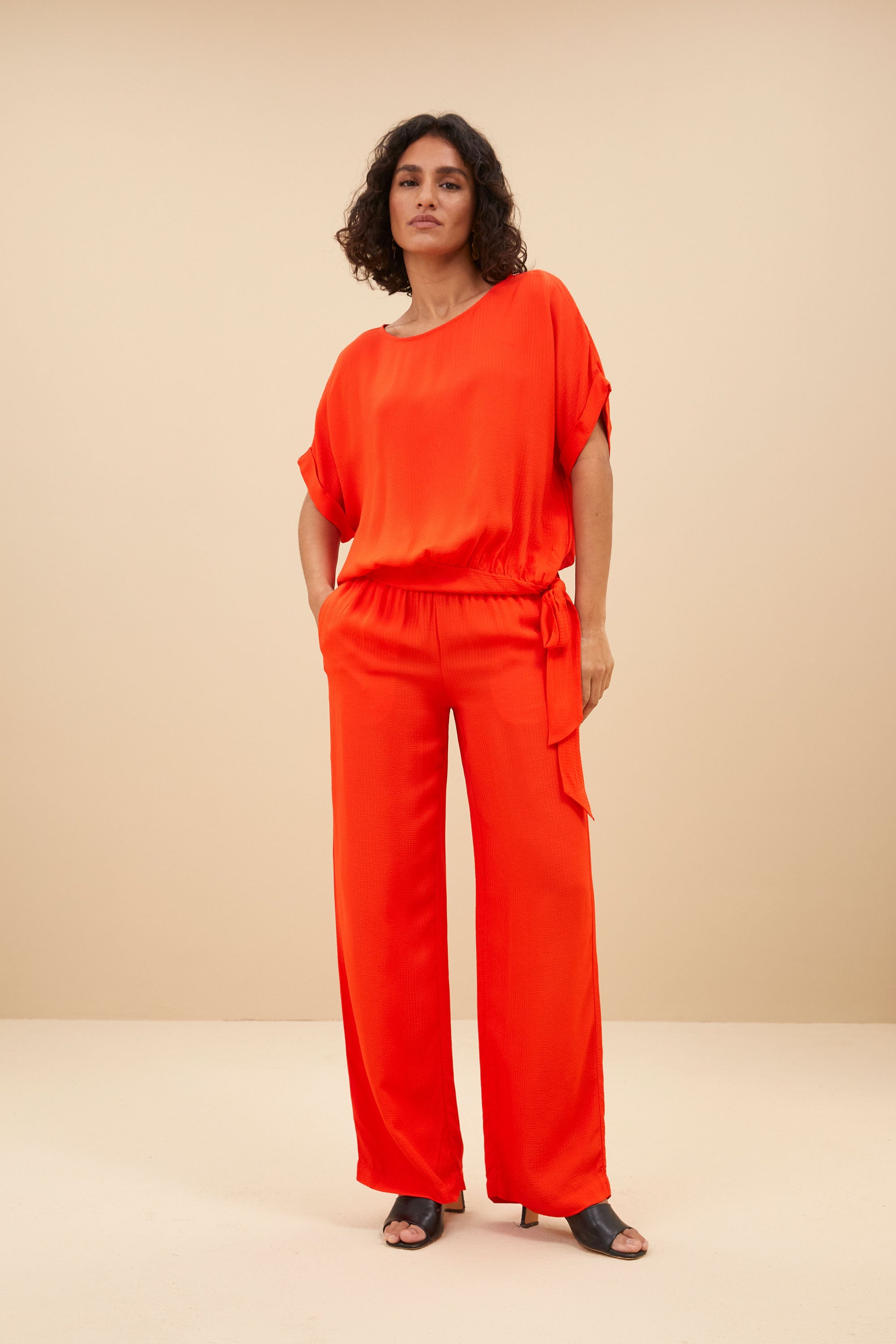 robyn satin stripe pant | bright poppy