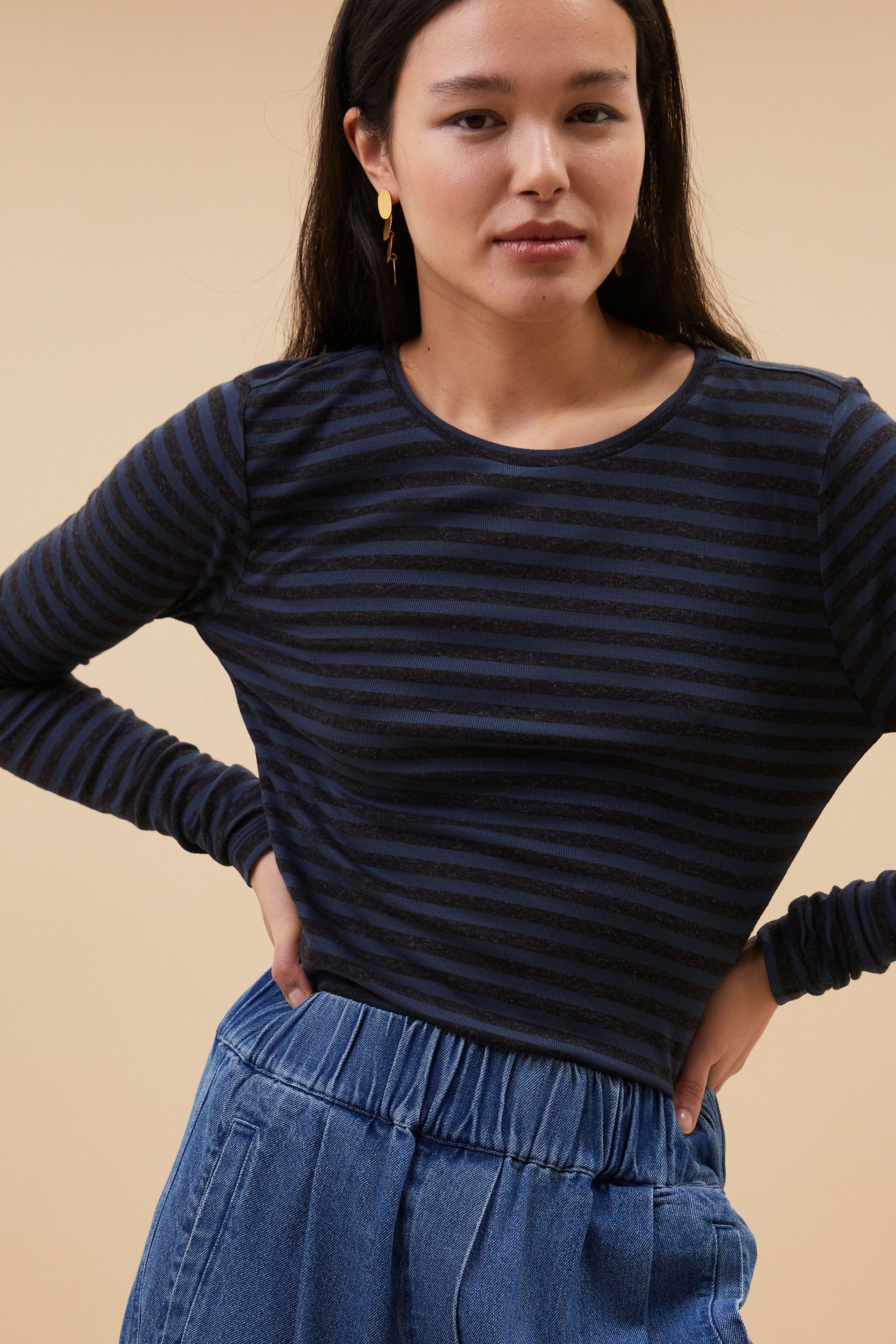 basic ls melange stripe top | blue nights