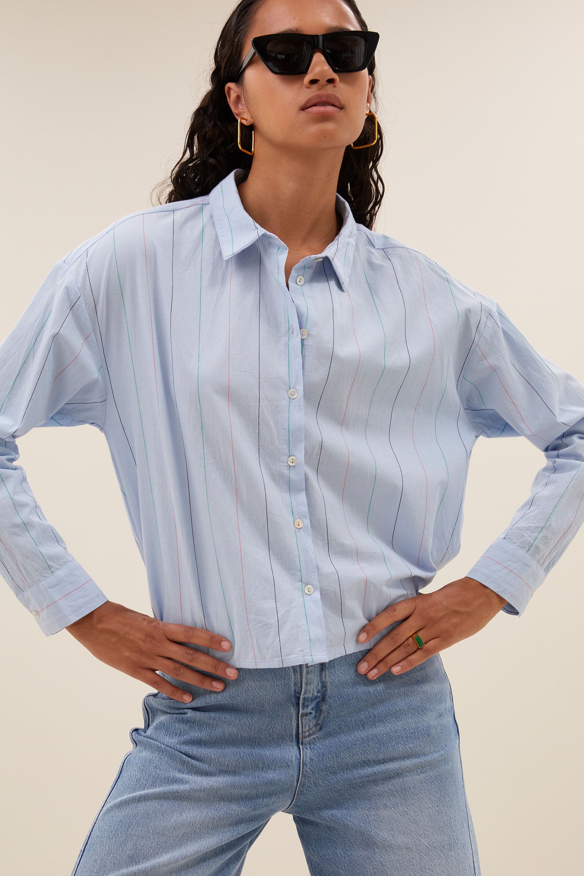 elvie stripe chambray blouse | light blue stripe