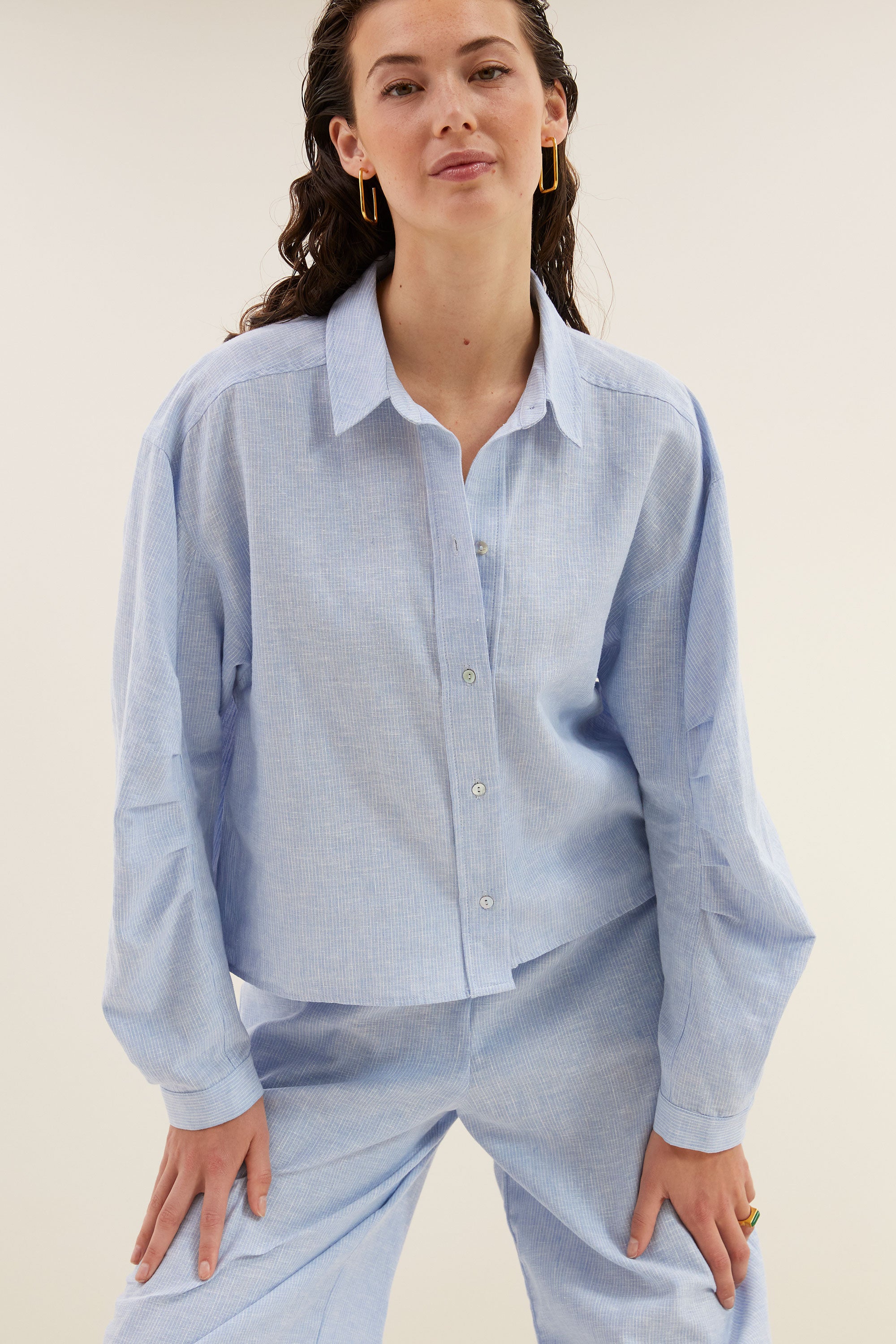 penny pinstripe blouse | sky blue