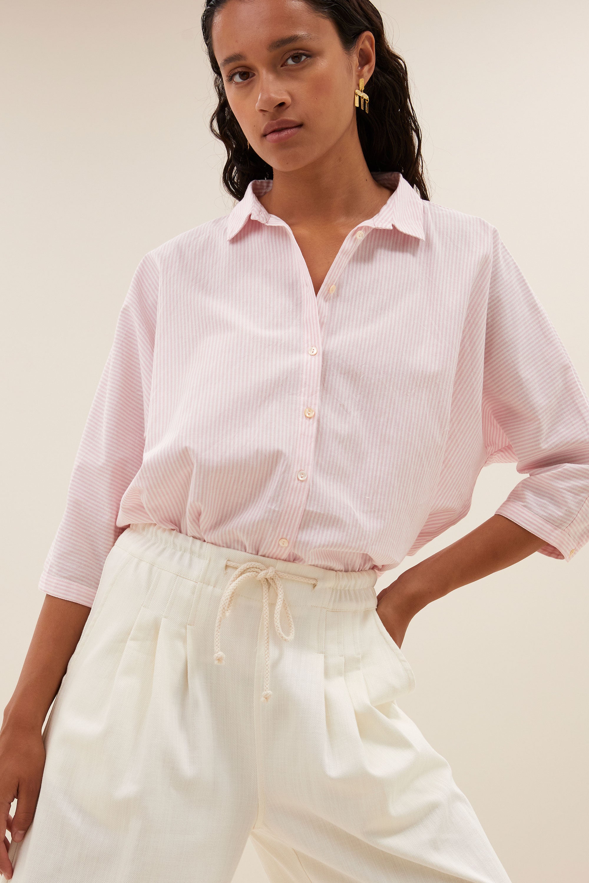 norel pink pinstripe blouse | pink pin stripe