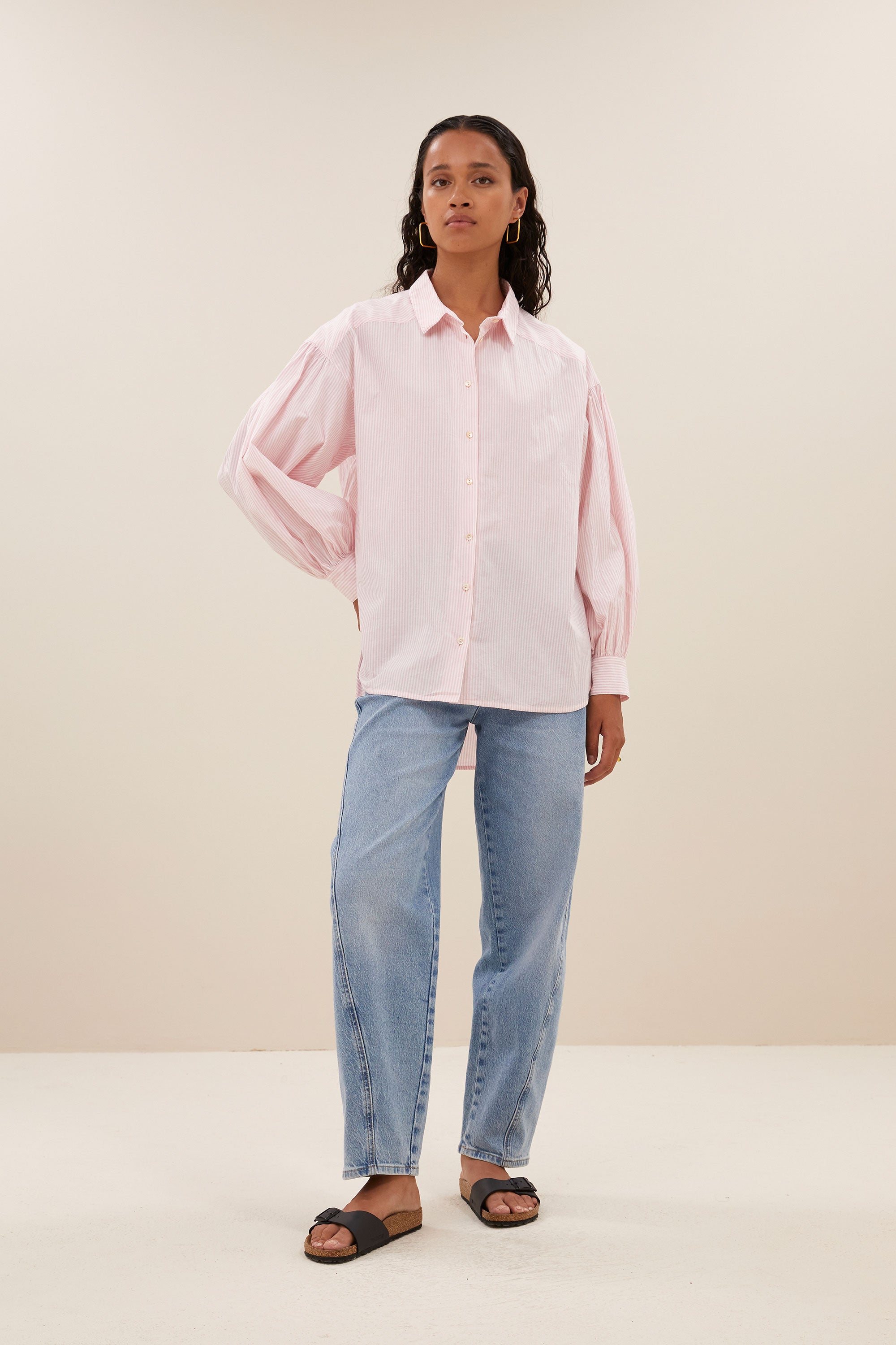 sarah pink pinstripe blouse | pink pin stripe