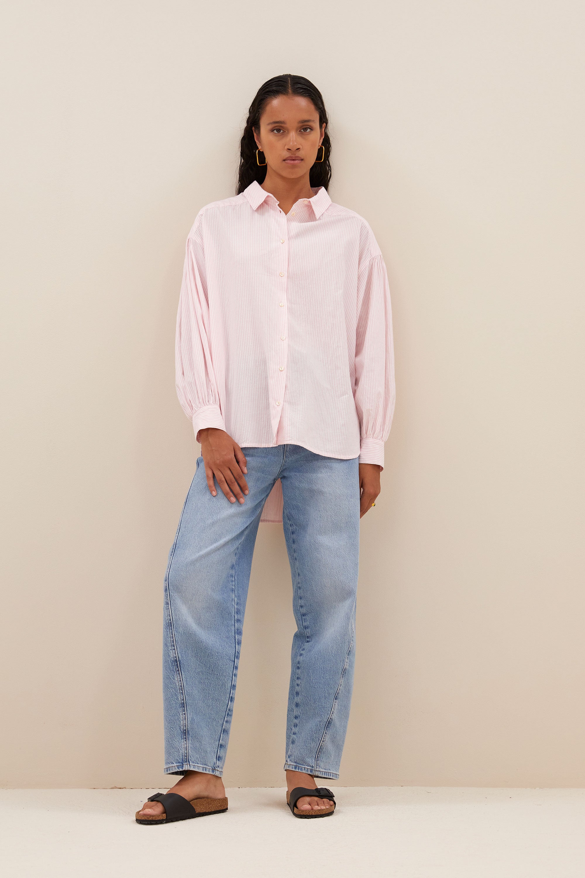 sarah pink pinstripe blouse | pink pin stripe