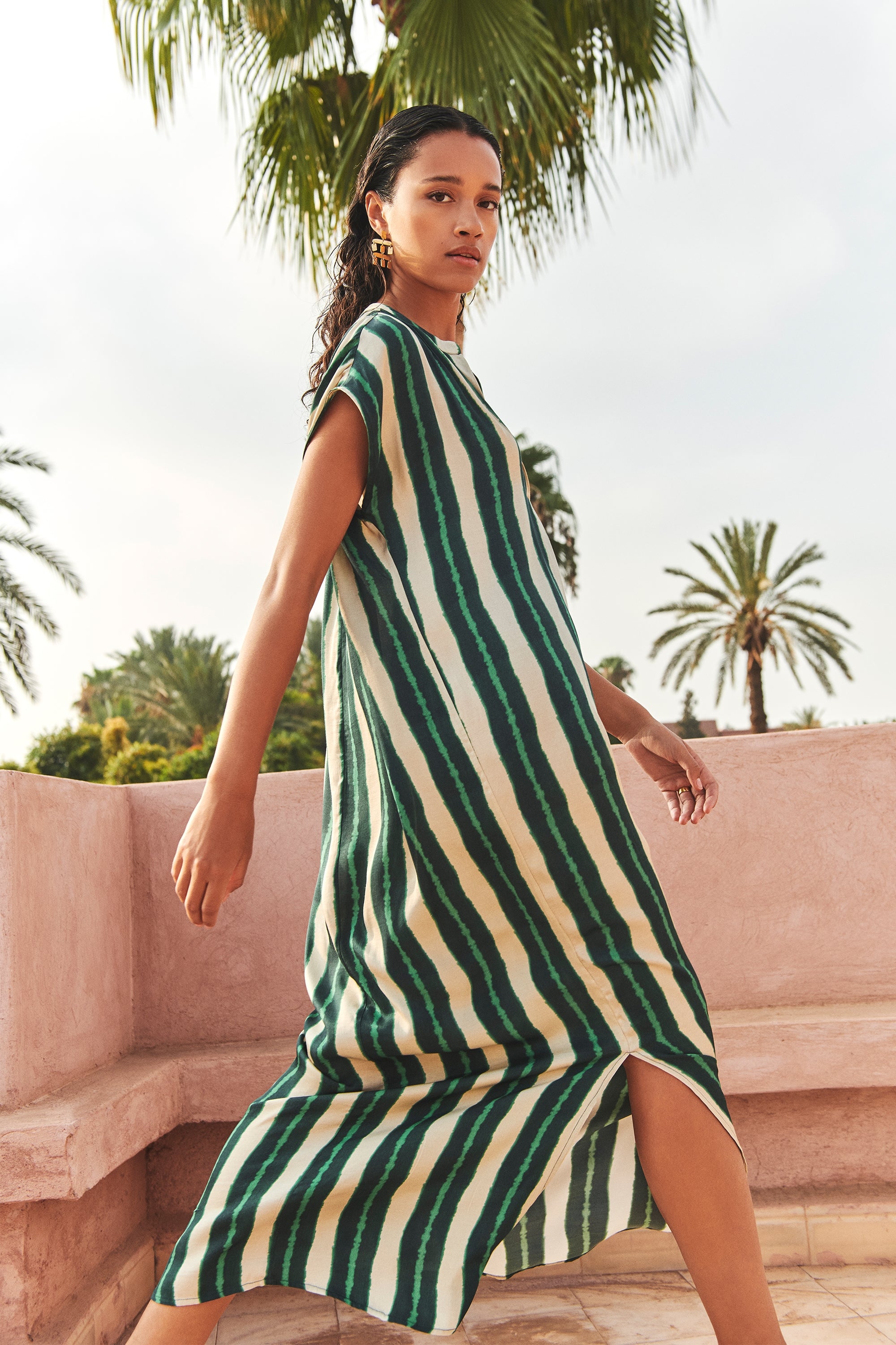 victoria tie dye dress long | green tie dye stripe