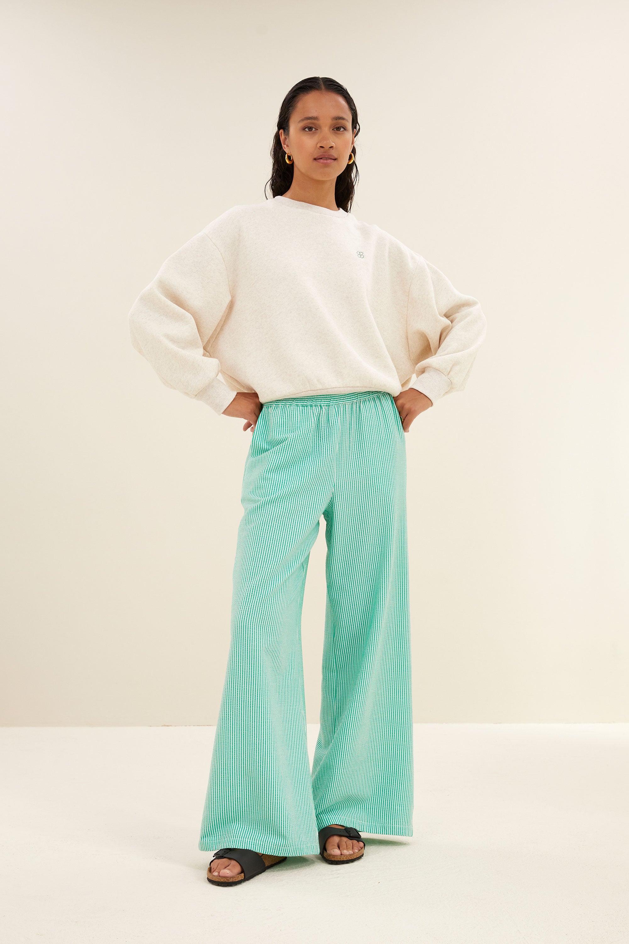 randy green stripe pants | green seer stripe