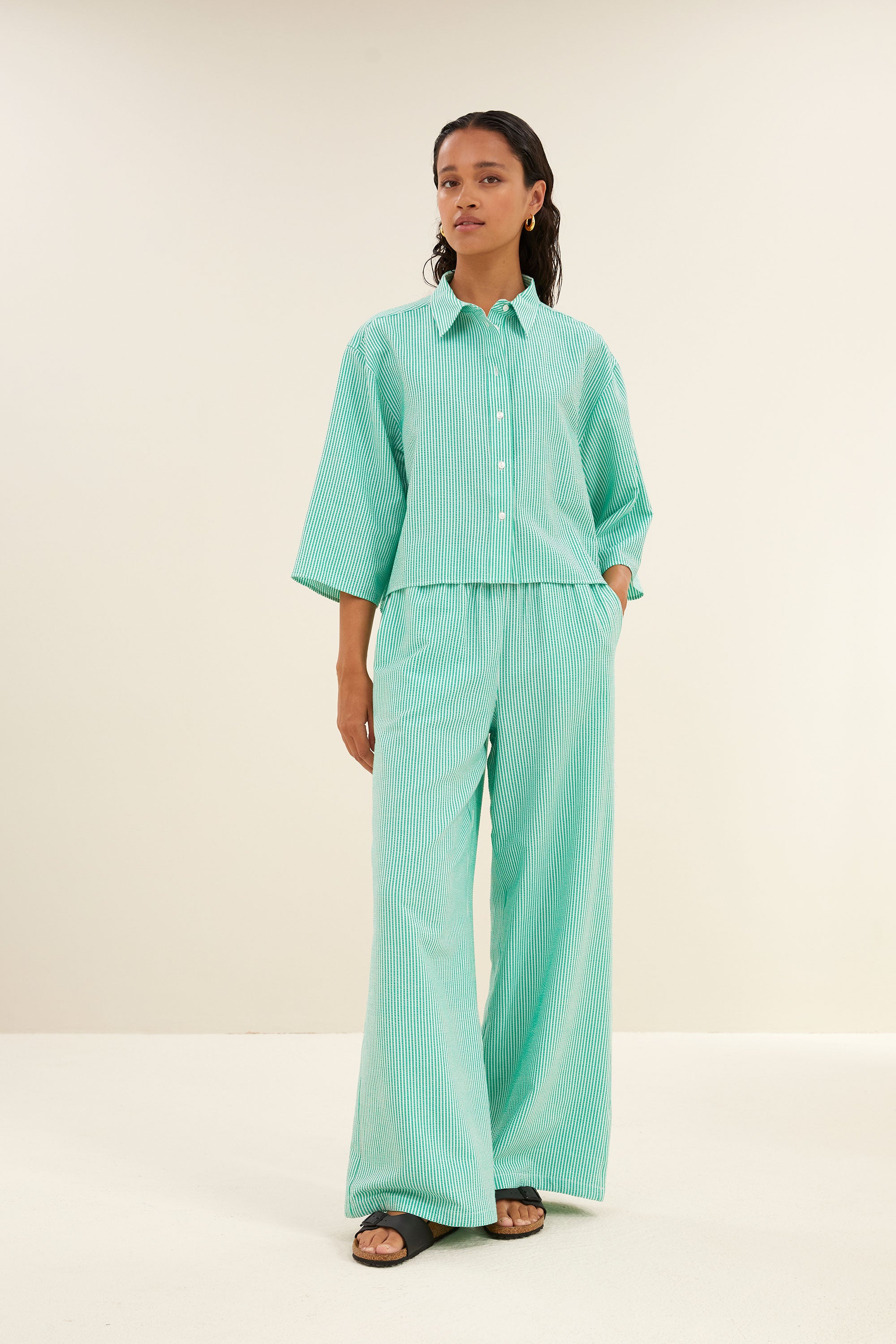 randy green stripe pants | green seer stripe