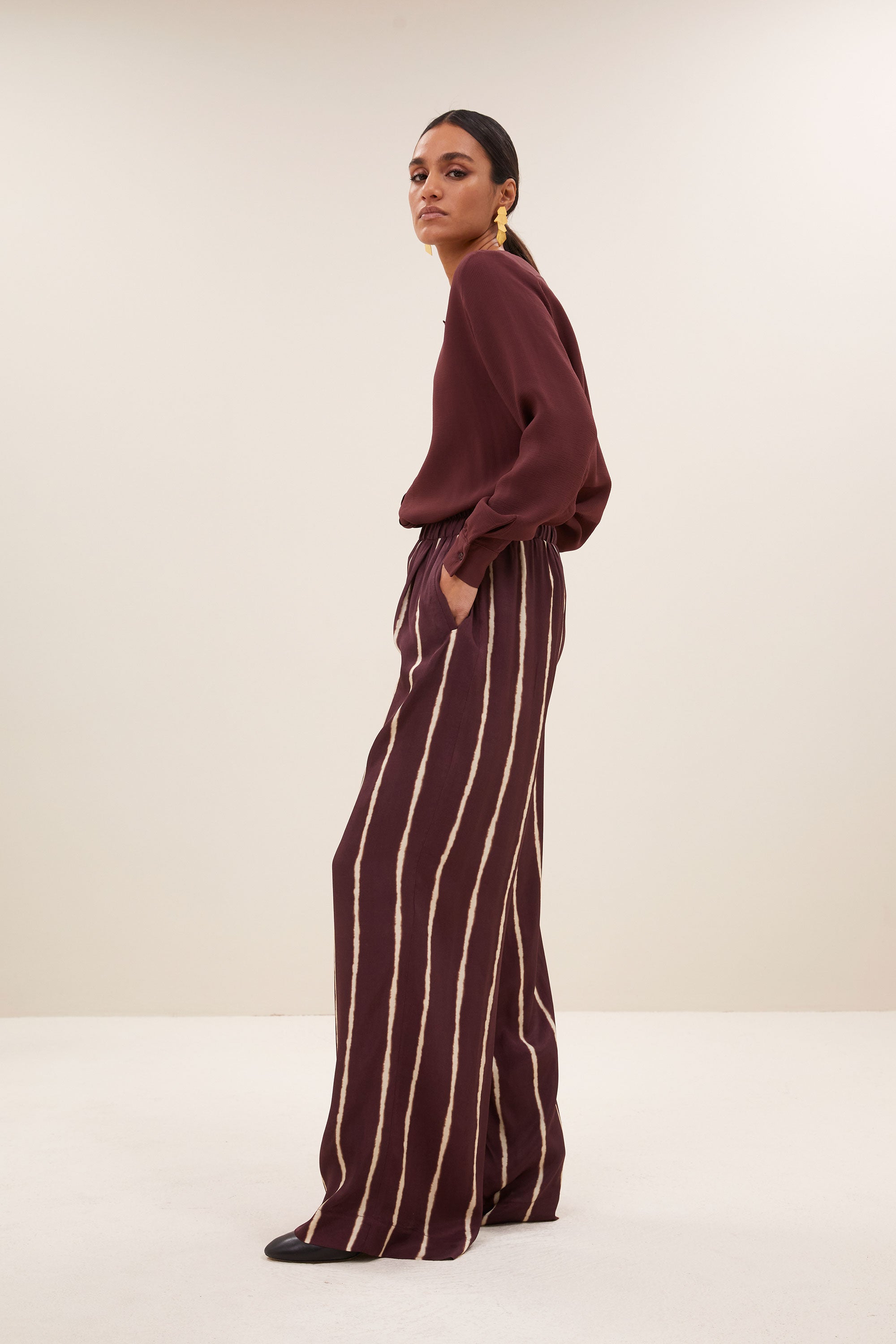 noi satin stripe blouse | pecan