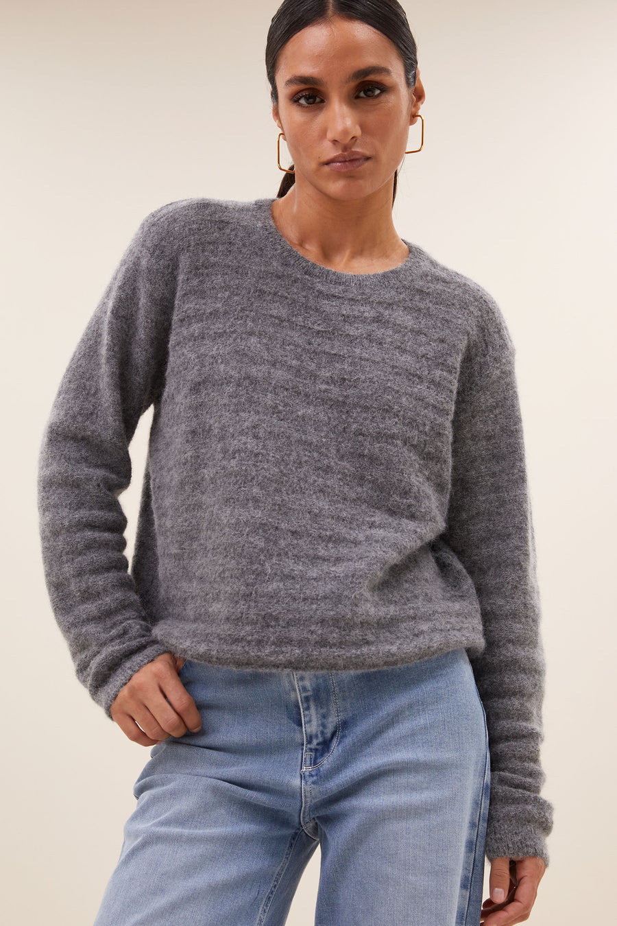 gwen pullover - dark grey melee, alpacamix kwaliteit, casual fit, must-have essential - by-bar - detail