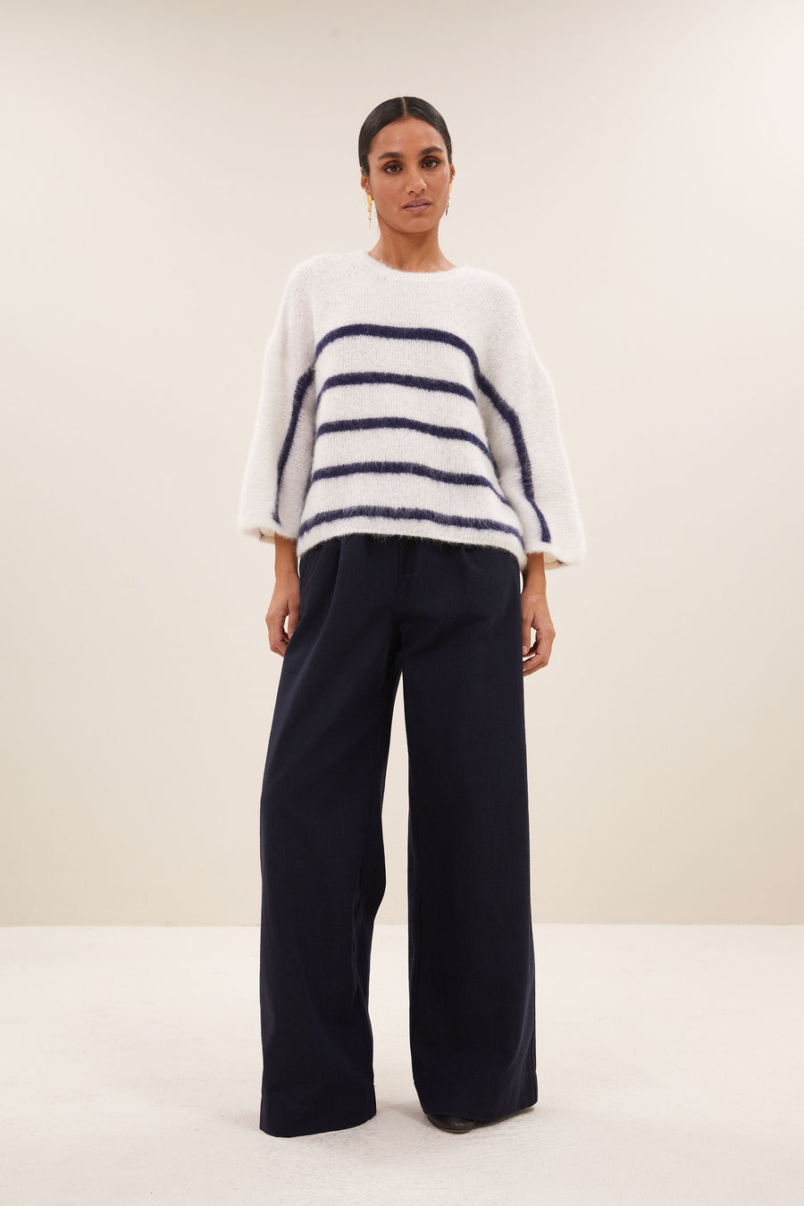 fleur stripe  pullover - marine stripe, vleermuis mouw, losvallende pasvorm, wolblend - by-bar - vooraanzicht