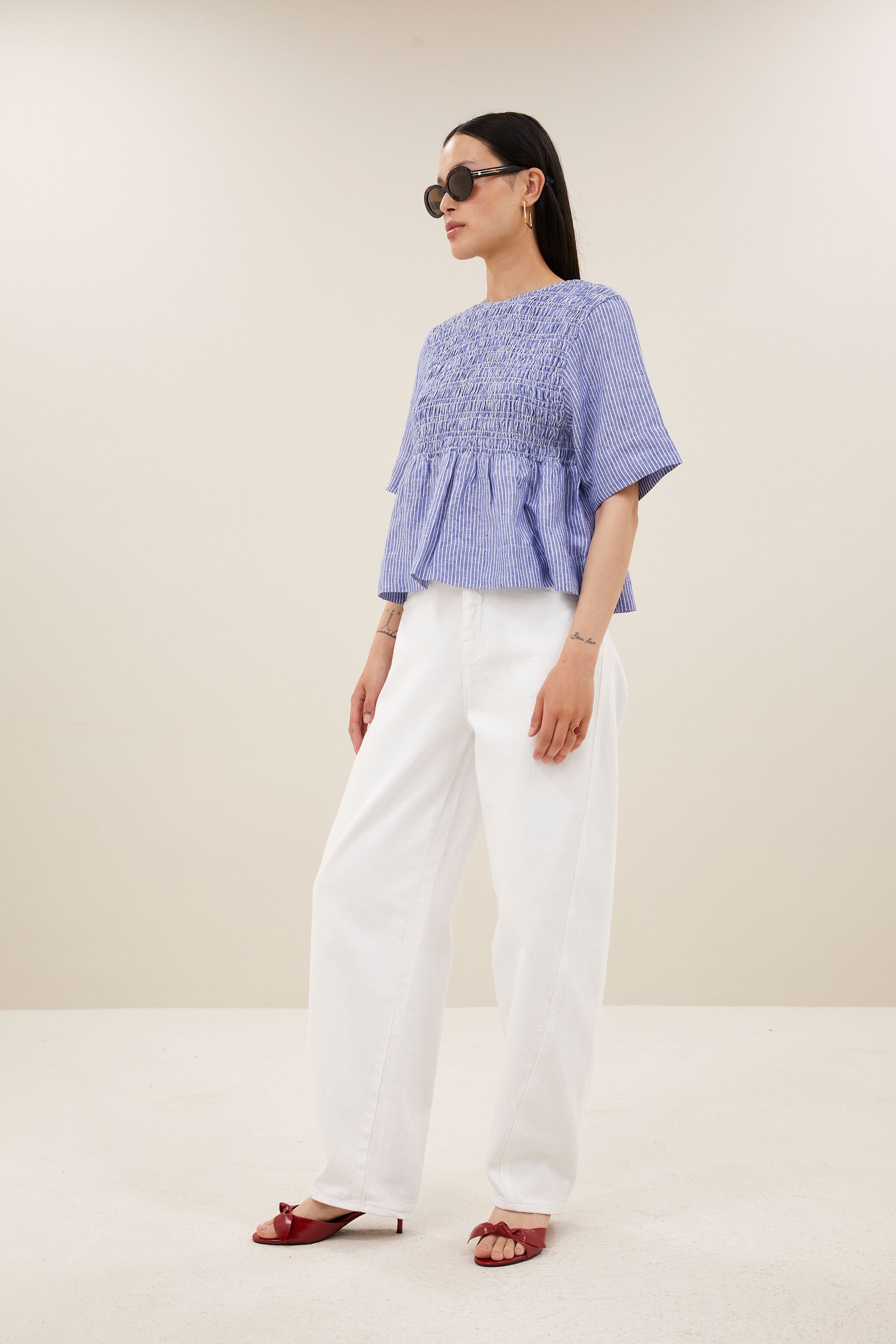 runa linen stripe top | blue stripe