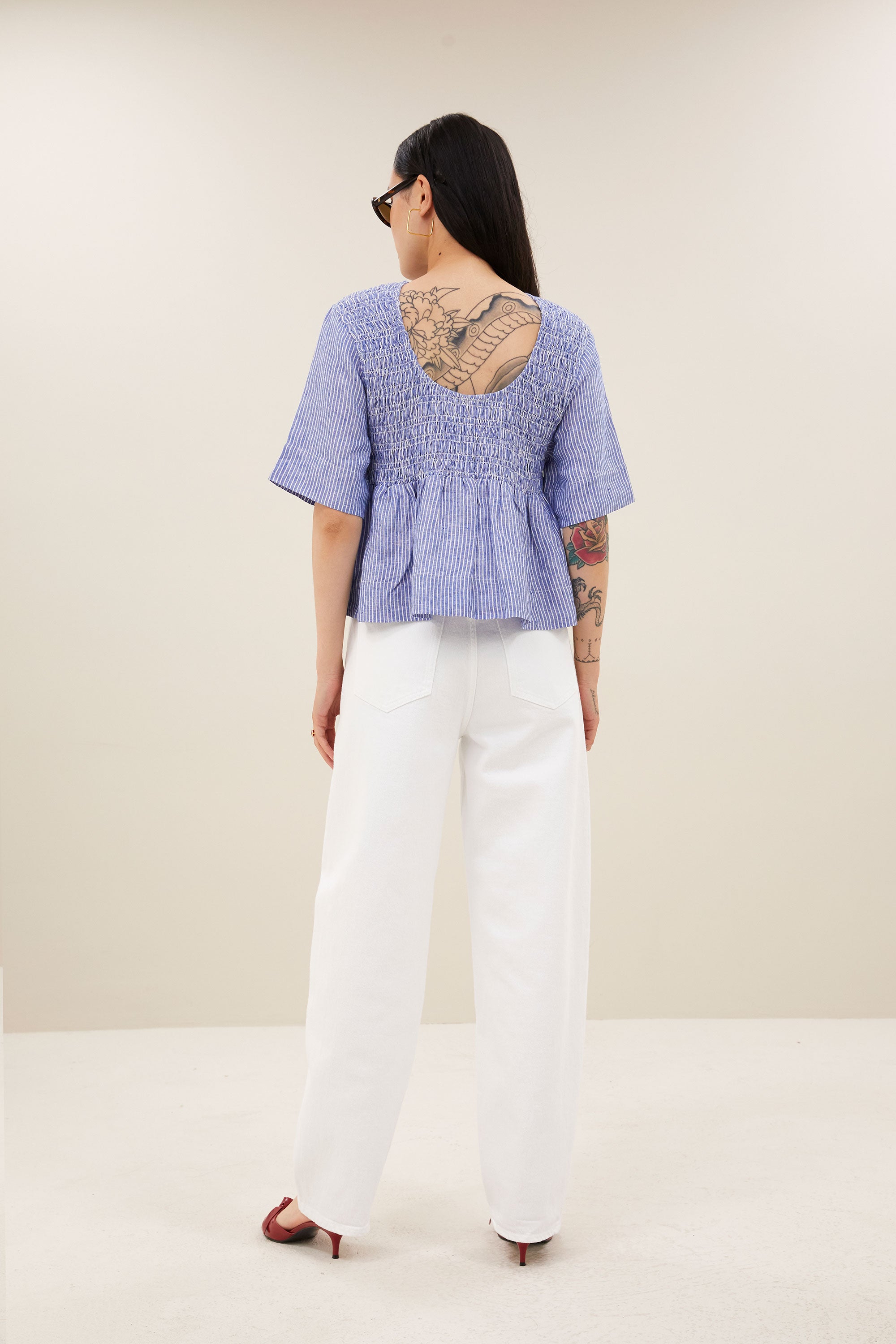 runa linen stripe top | blue stripe