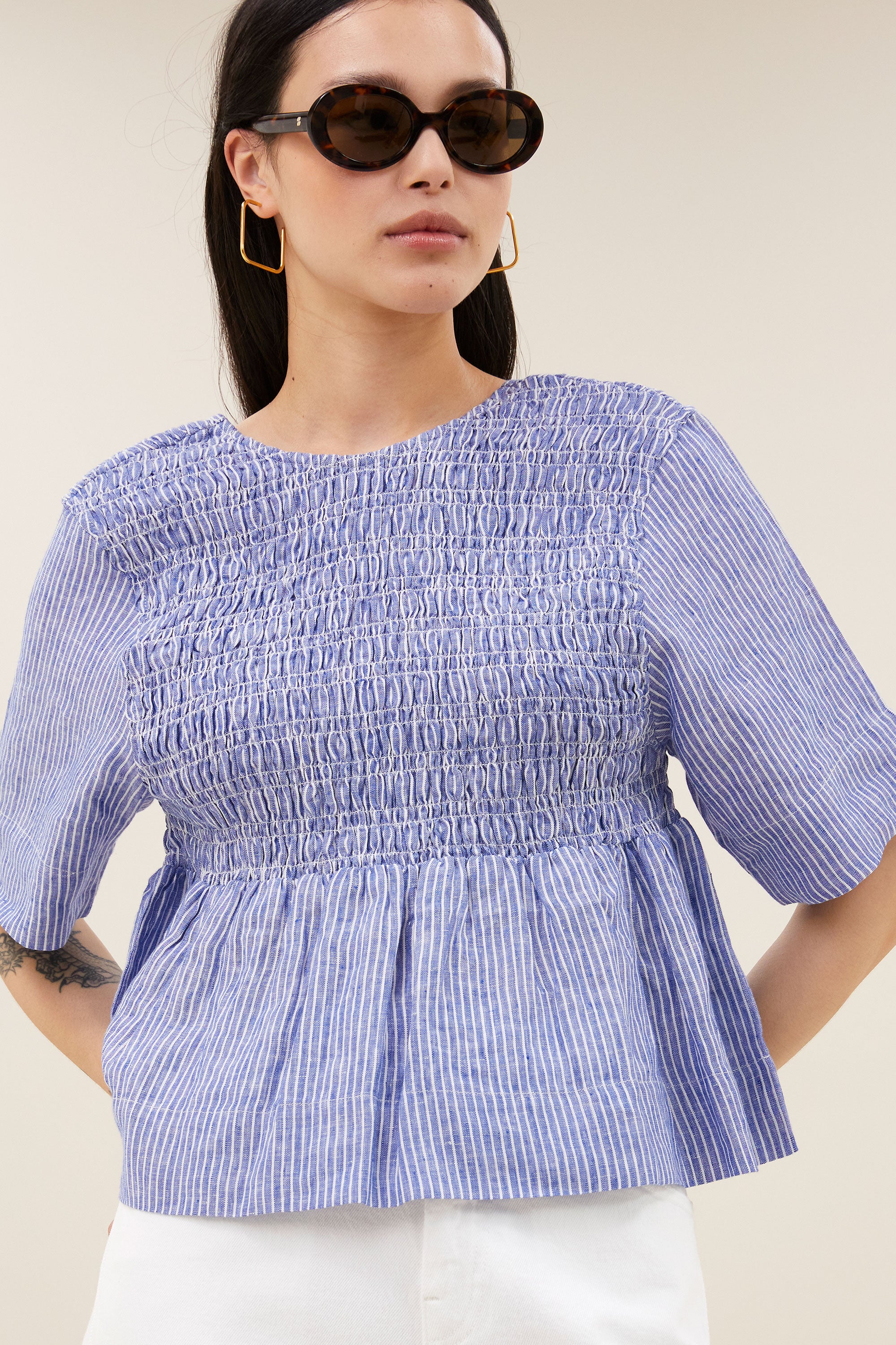 runa linen stripe top | blue stripe