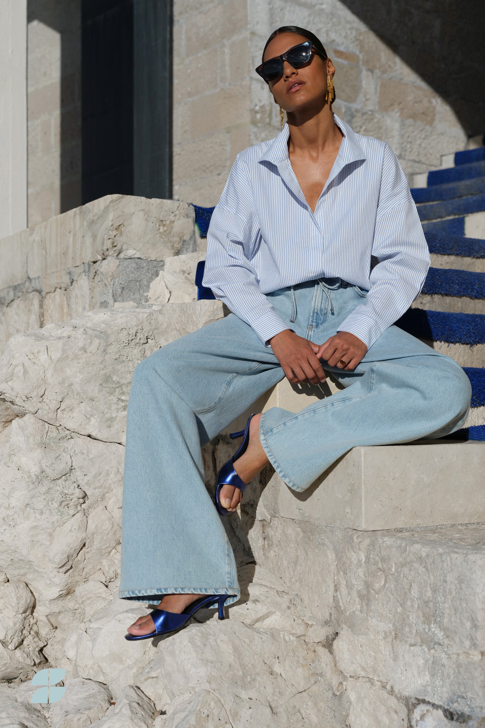 jule stripe blouse | blue seer stripe