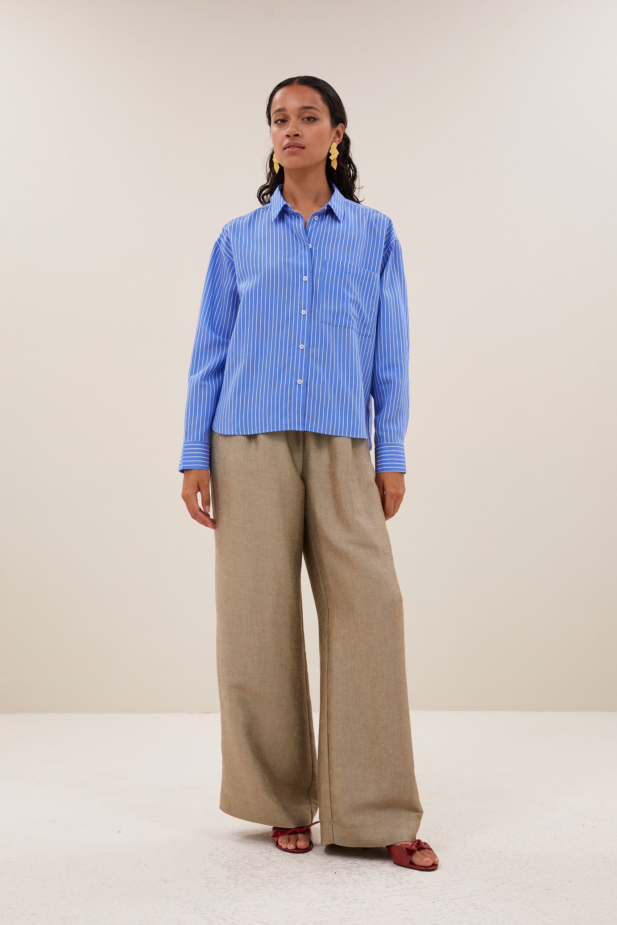 lise stripe blouse - azul blue stripe, all time classic, button closure, loose fit - by-bar - front view