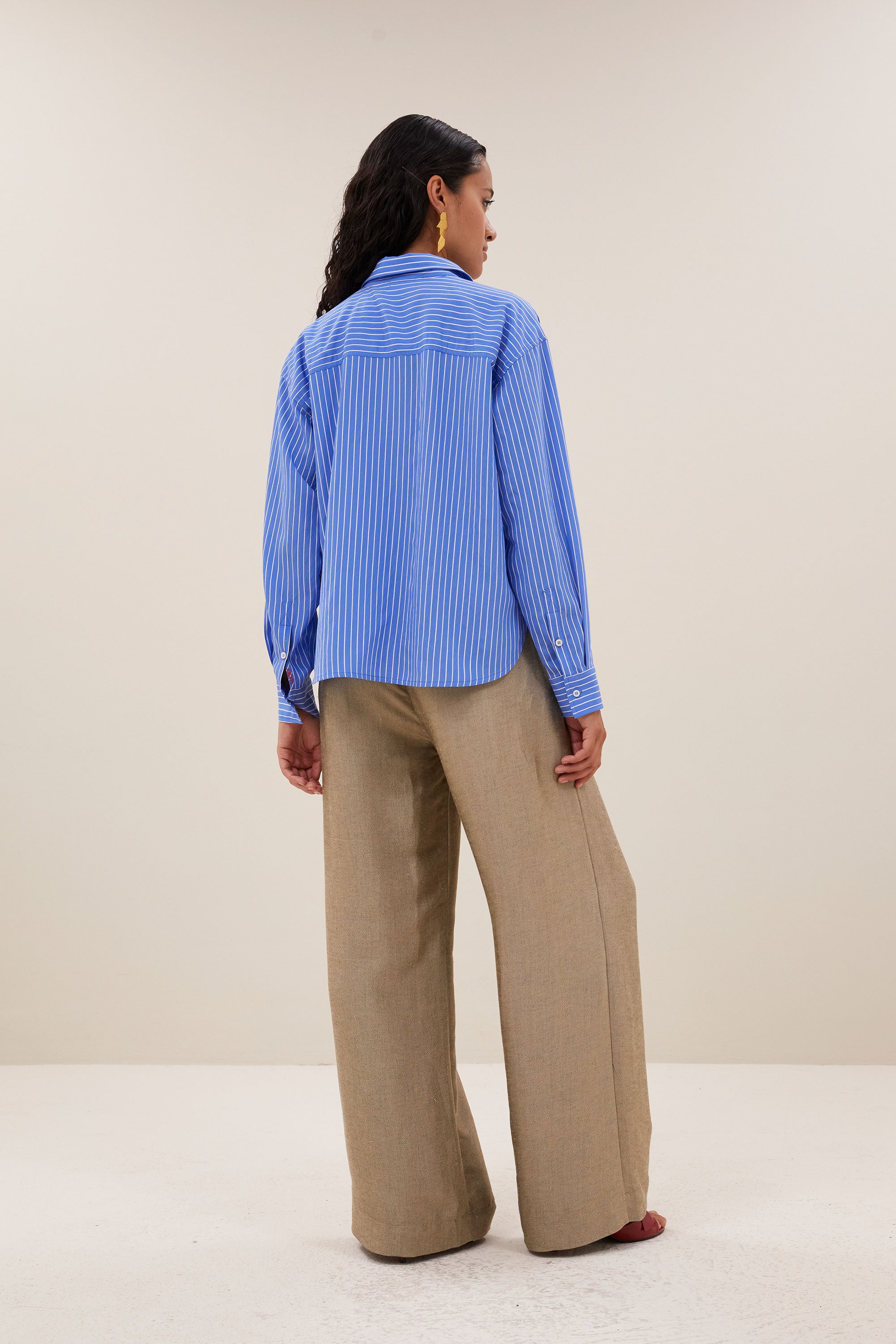 lise stripe blouse - azul blue stripe, all time classic, button closure, loose fit - by-bar - back view