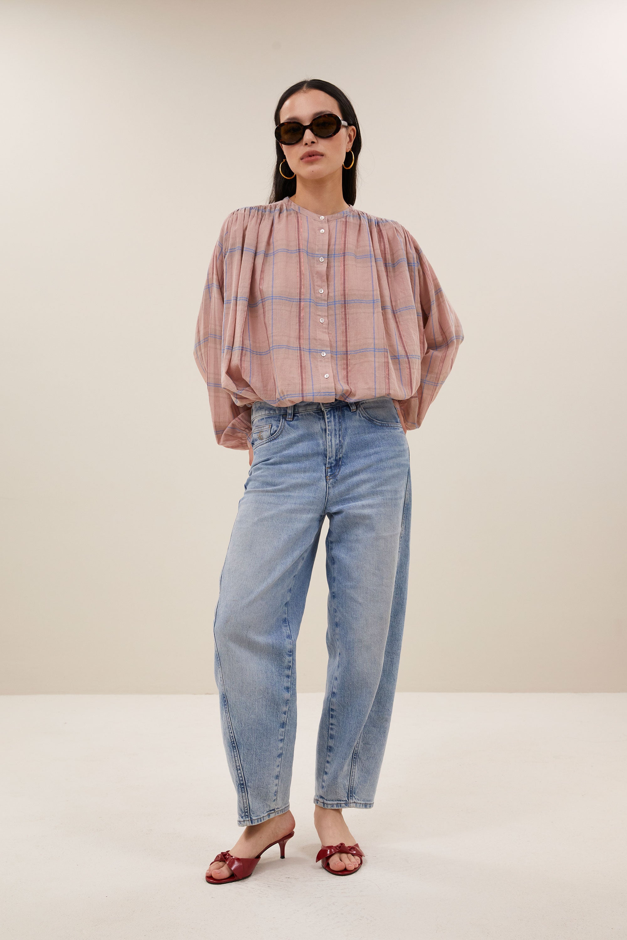 nyka pink check blouse | blush pink check