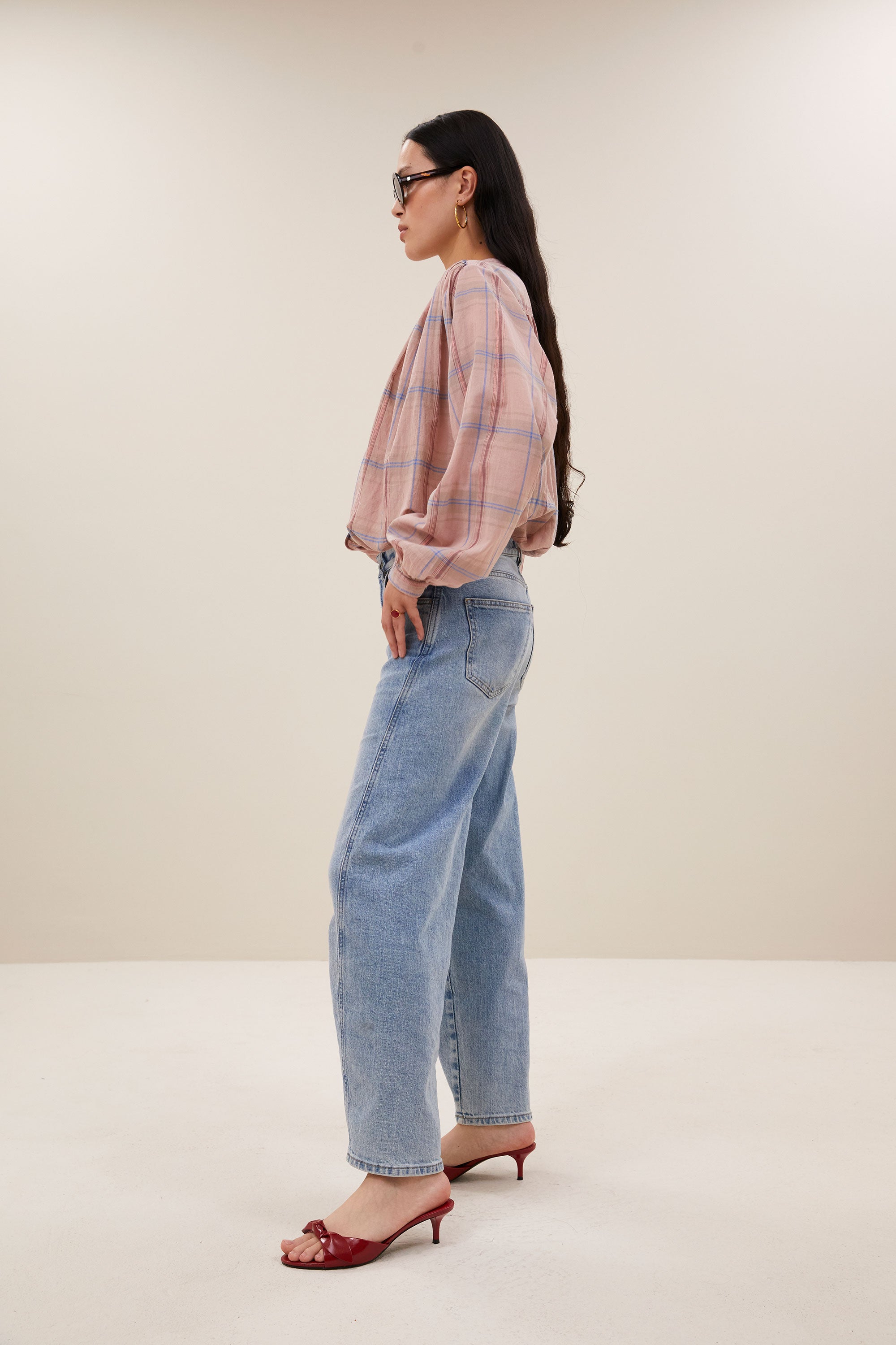 nyka pink check blouse | blush pink check