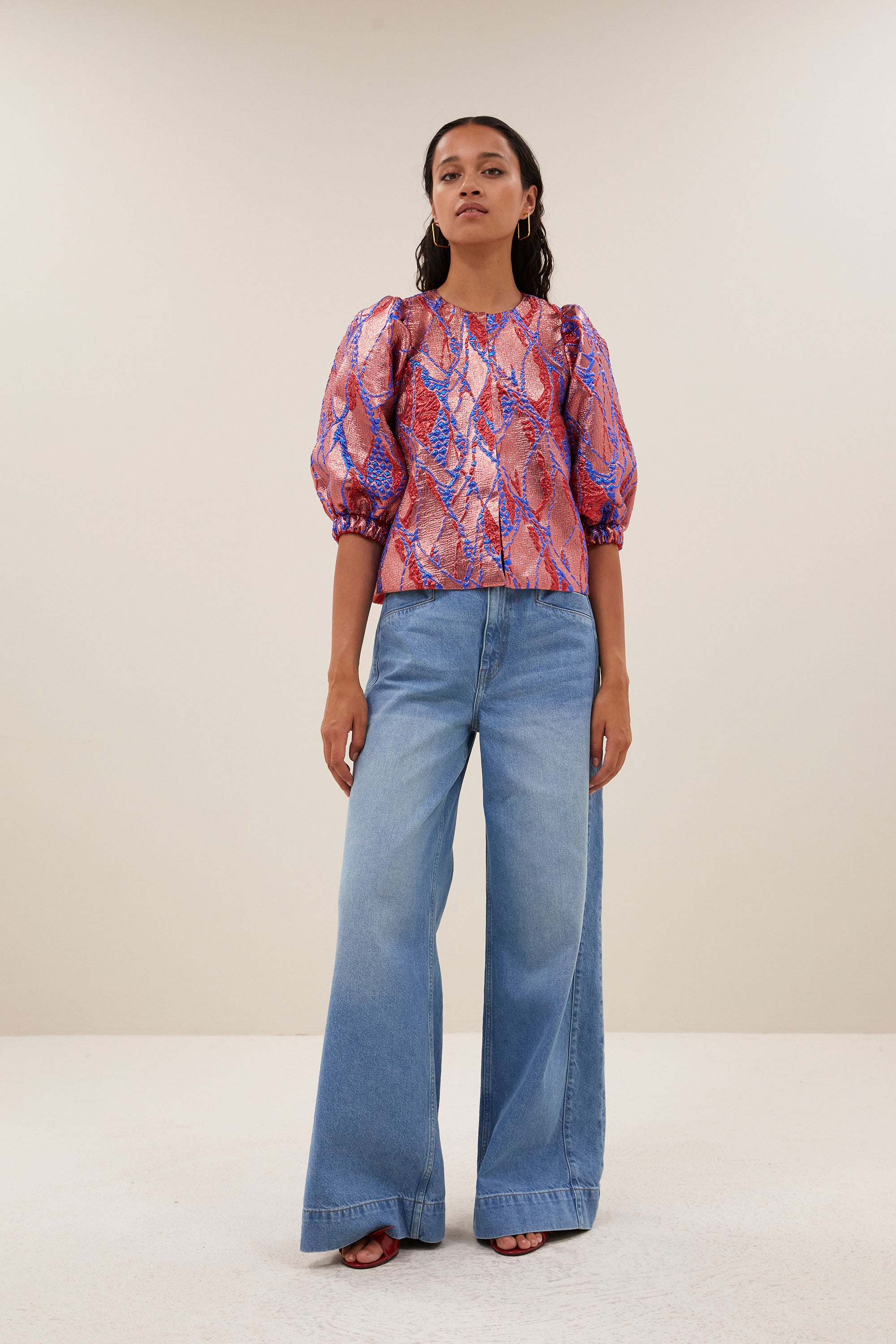 mauri jacquard blouse - coral, short fit, hidden hook-and-eye closure, puffed sleeves  - by-bar - front view