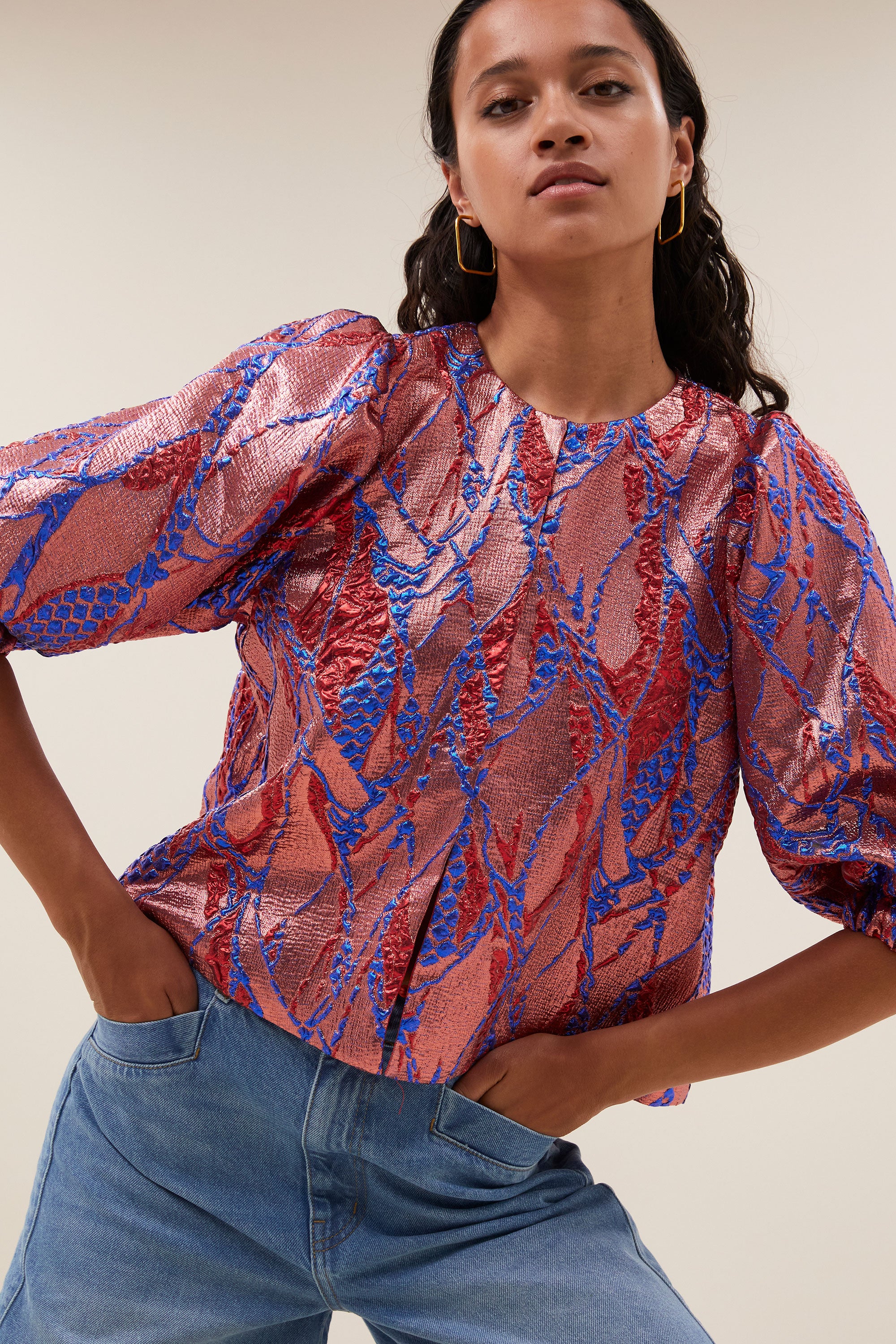 mauri jacquard blouse - coral, short fit, hidden hook-and-eye closure, puffed sleeves  - by-bar - close-up  